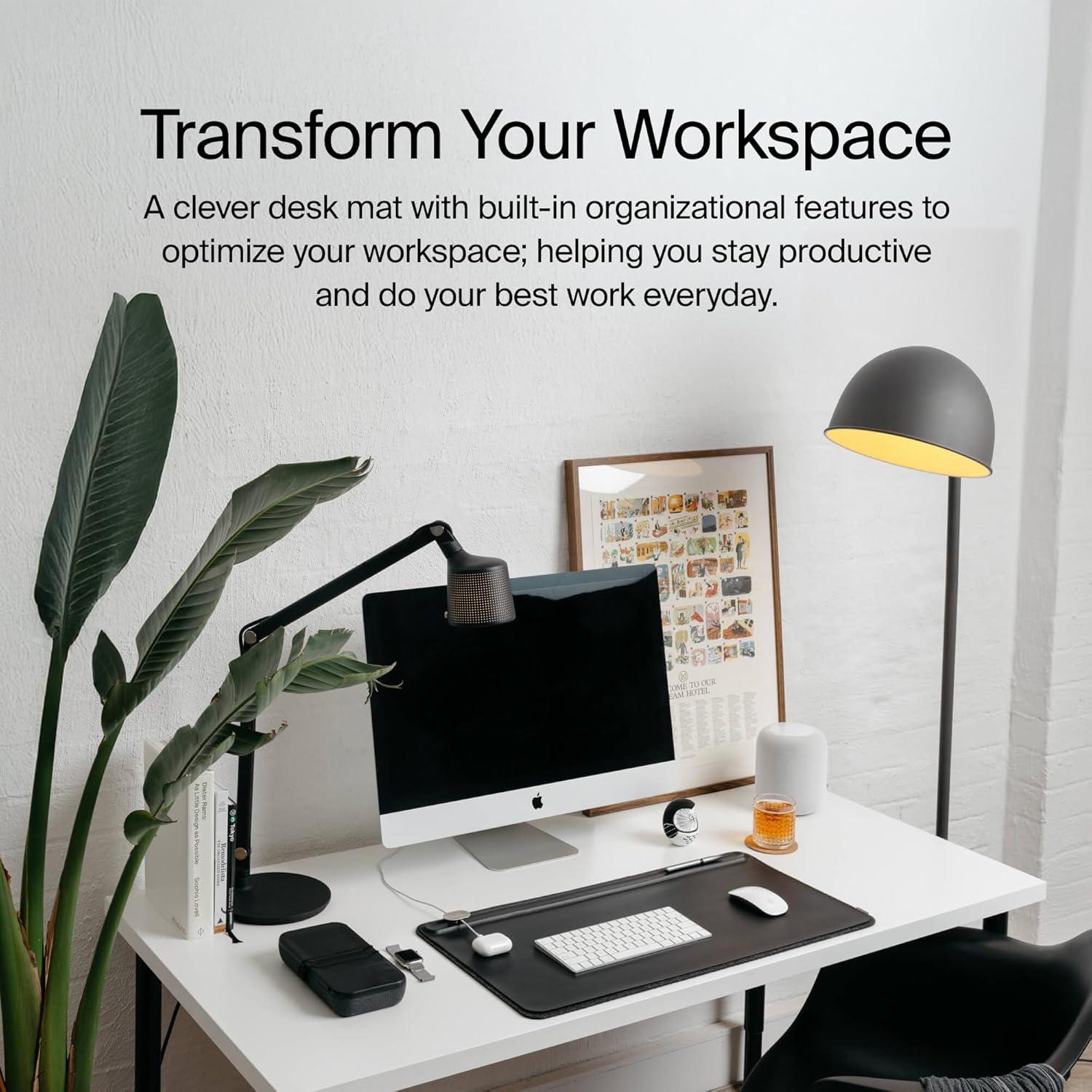 Large Black Faux Leather Desk Mat with Magnetic Cable Holder