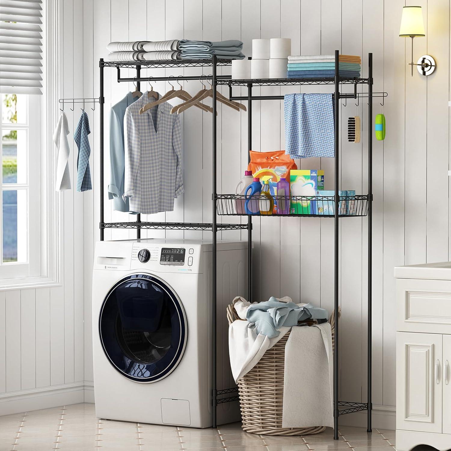Kselythan Over Washer and Dryer Shelves,57.4" W Heavy Duty Laundry Room Storage Organization Clothes Drying Rack,Height Adjustable Towel Racks with Hamper and Hooks,Space Saving Shelf