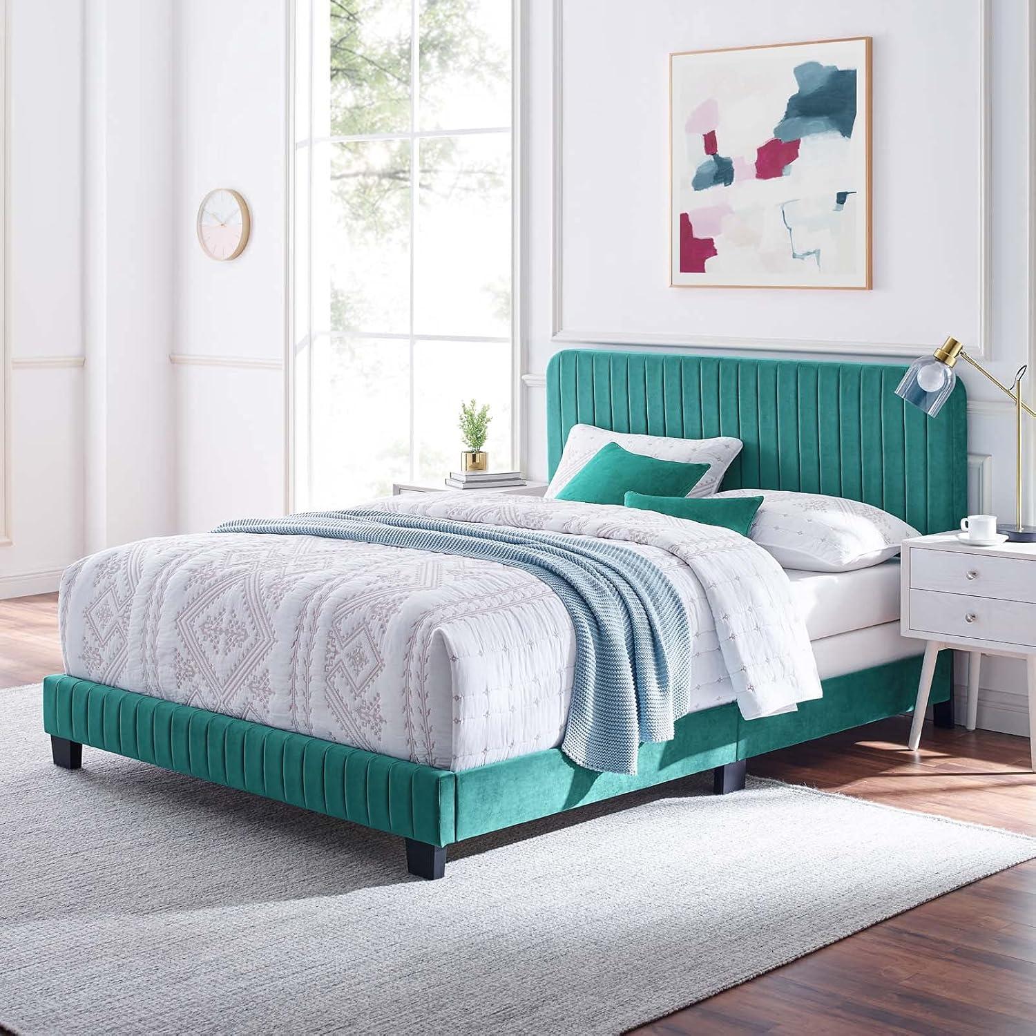 Modway Celine Channel Tufted Performance Velvet King Bed in Teal Green