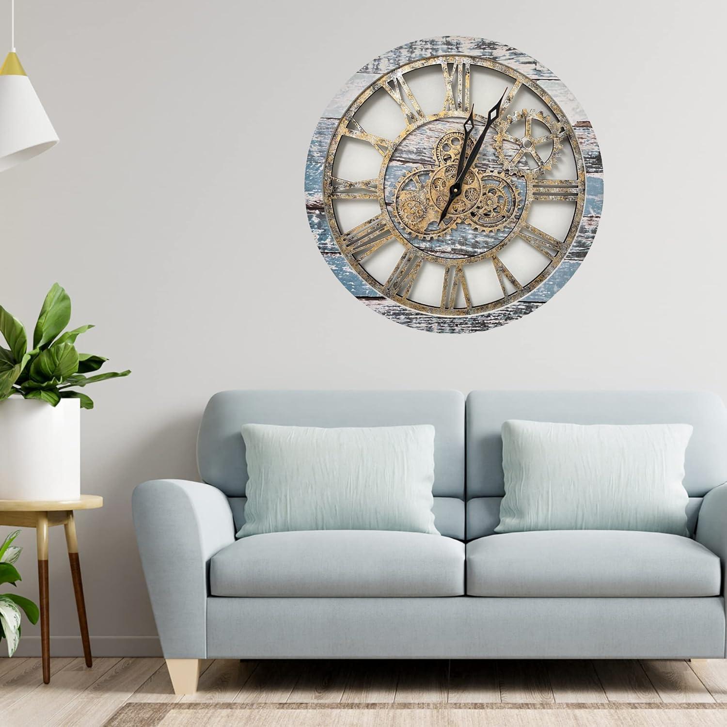 The Gears Clock Wall Clock 24" Round Oversized for Living Room decor with Real Moving Gears America Collection
