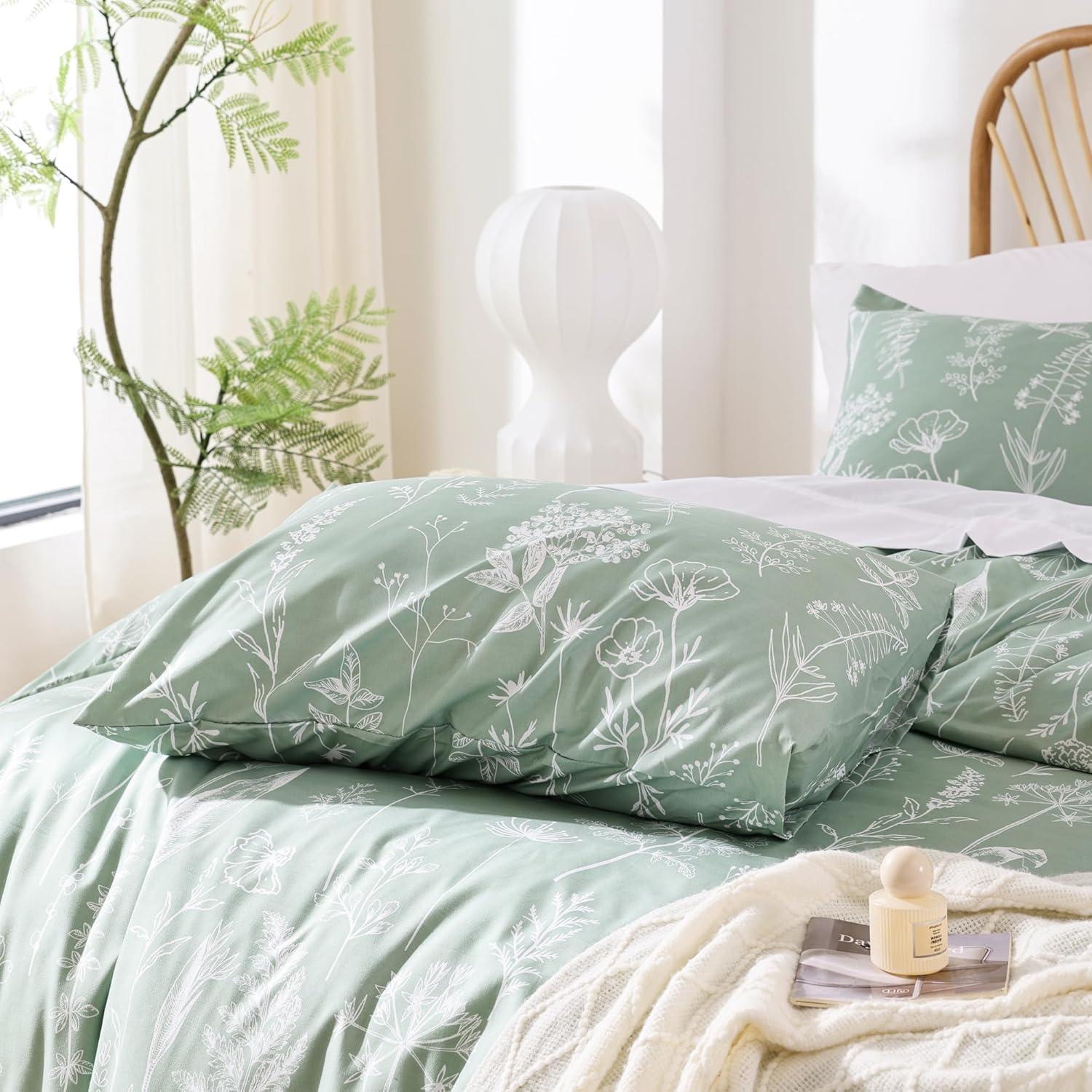 2 Pcs Floral Printed Reversible Sage Green Comforter Set Twin/Twin XL Size Soft Designed Plants Pattern Bedding Set - Bedsure