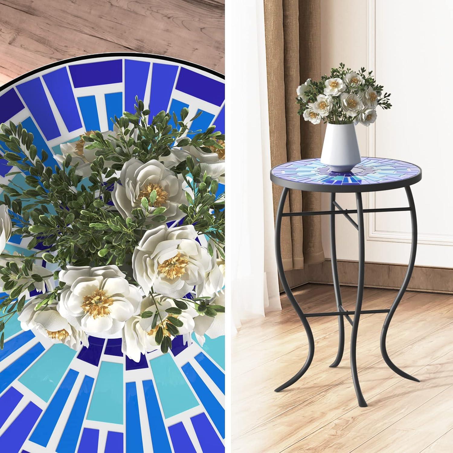 Outdoor Patio Side Table Round Ceramic Tile End Table Blue