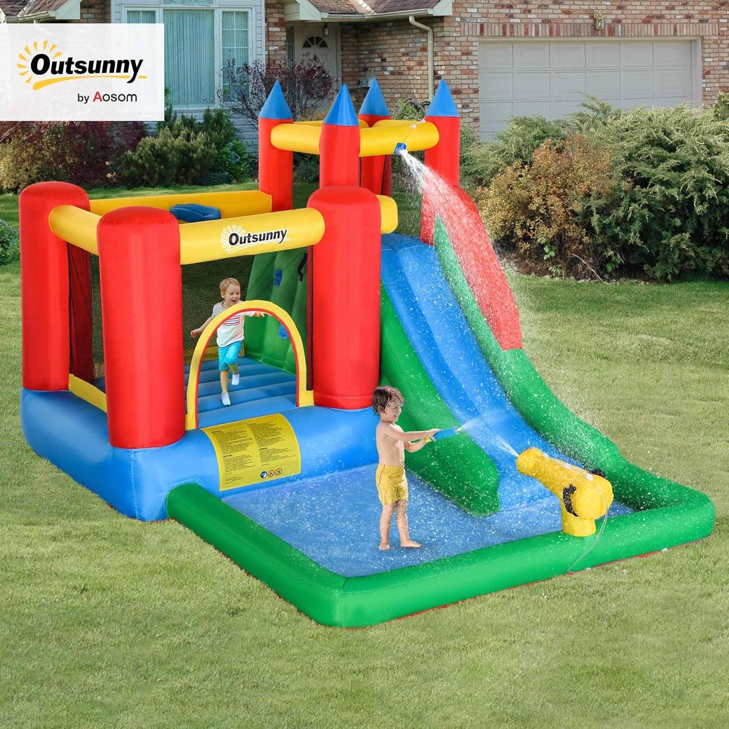 GZMWON Outsunny 6-In-1 Kids Bounce House Inflatable Water Slide With Pool, Water Cannon, Climbing Wall, Inflator Included, Jumping Castle Kids Backyard Activity Outdoor Water Play Toy