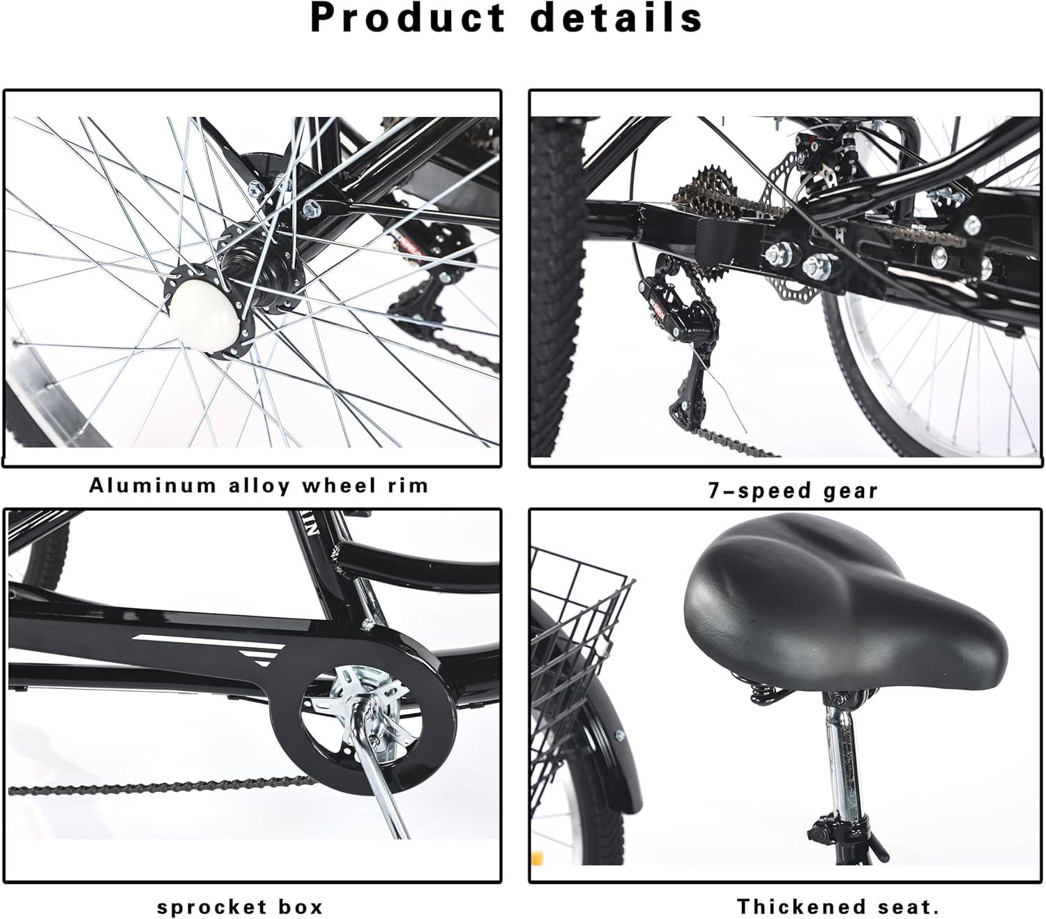Adult Tricycle 7 Speed, 24 Inch 3 Wheel Bikes Extended Rear wheelbase Tricycle Wheel Bike w/Rear Basket for Women/Children Seniors Maximum Load 550lbs