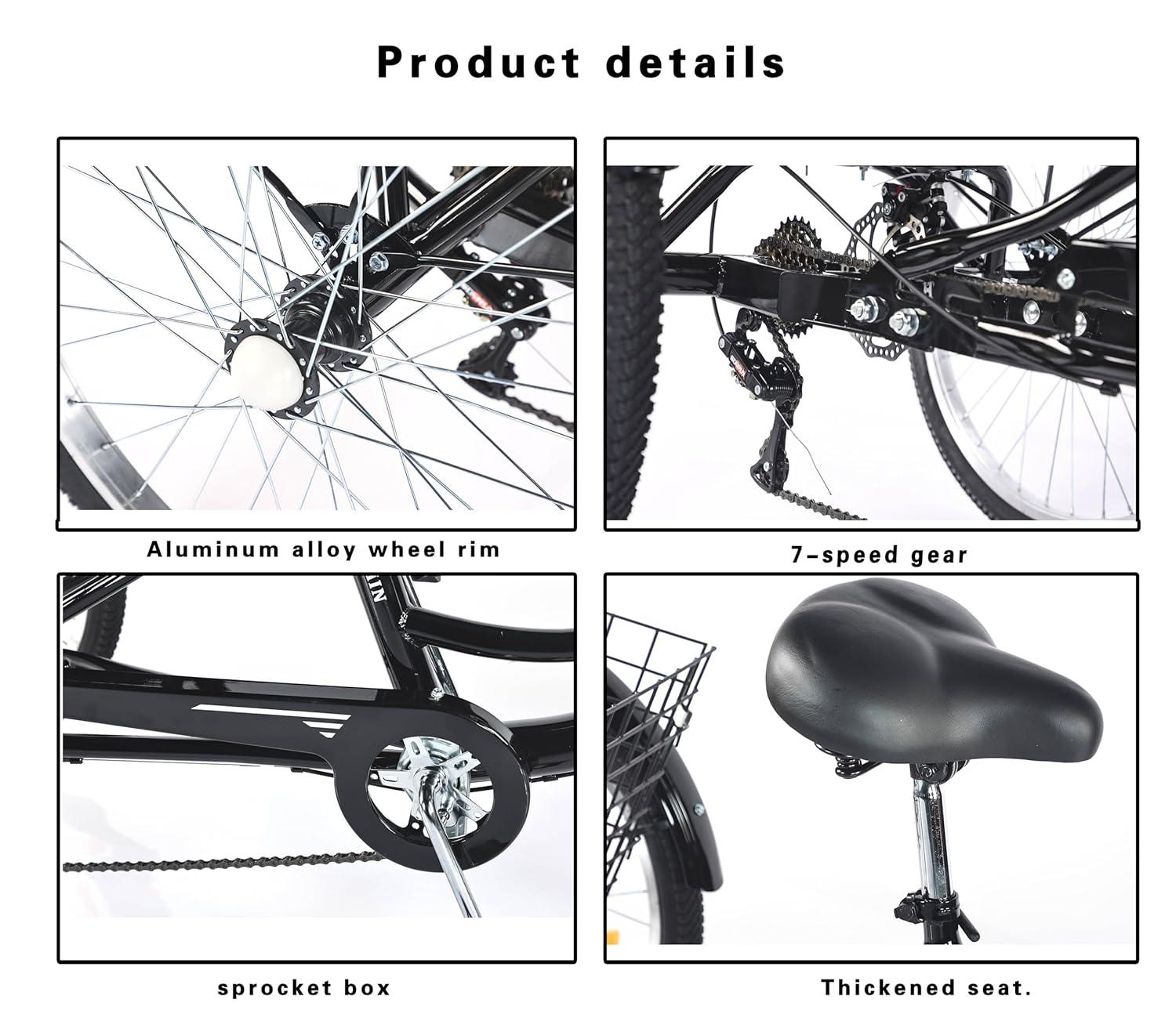 Adult Tricycle 7 Speed, 24 Inch 3 Wheel Bikes Extended Rear wheelbase Tricycle Wheel Bike w/Rear Basket for Women/Children Seniors Maximum Load 550lbs