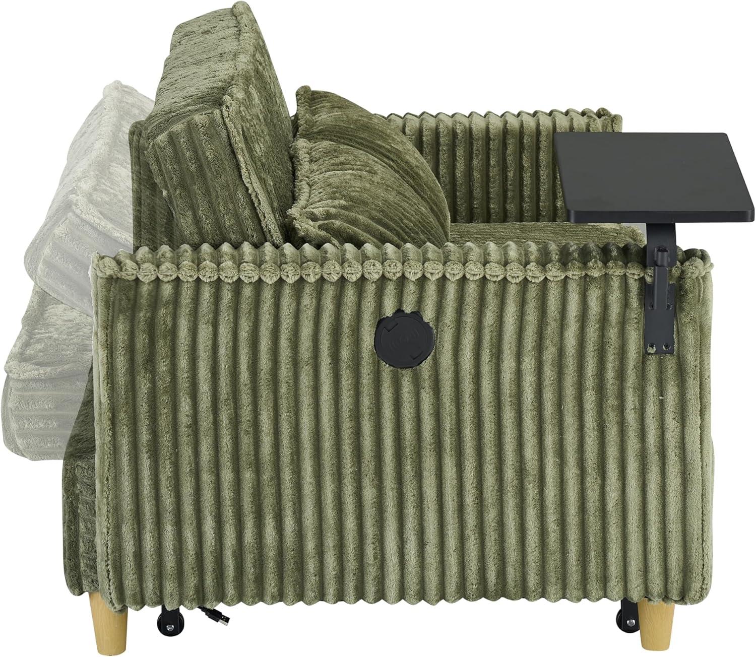 54"W Convertible Sleeper Sofa Bed,3-In-1 Corduroy Pull Out Couch Bed,Futon Loveseat Sleeper Couch with Adjustable Backrest and USB Ports & Side Table,Recliner for Living Room,Office,Small Space,Green