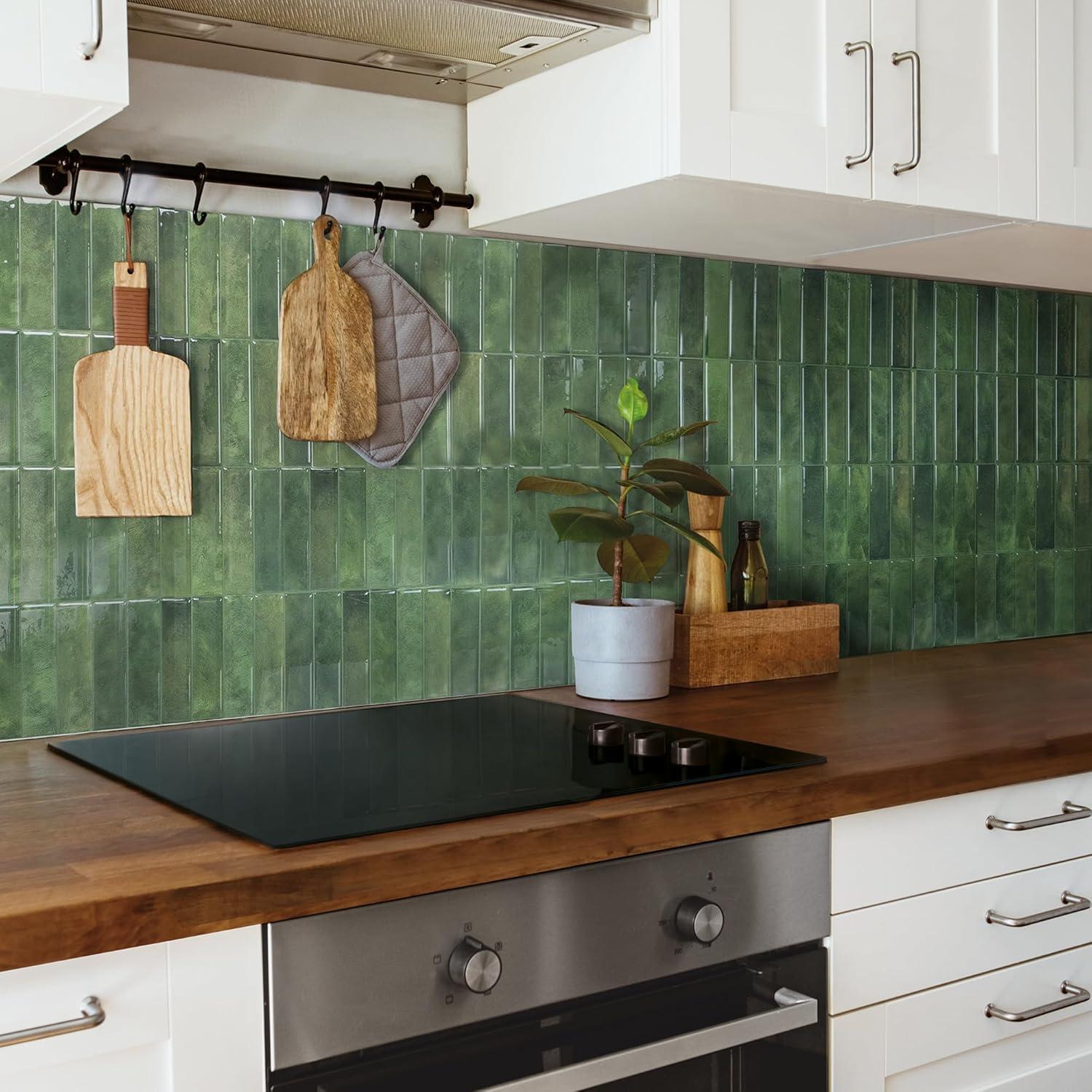 Smart Tiles - 3D Adhesive Peel and Stick Backsplash Tile, Green - 5-Pack 11.43" x 9"