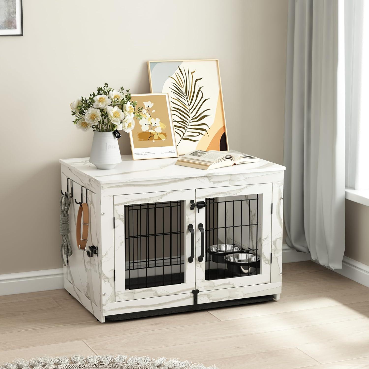 Marble White Medium Dog Crate Table with Rotating Bowls