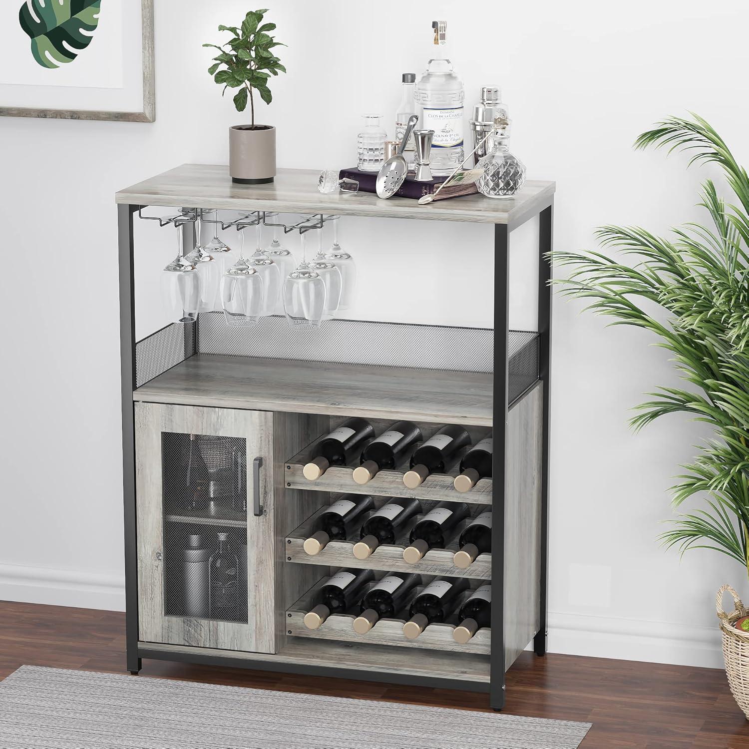 Gray Metal MDF Wine Bar Cabinet with Removable Racks and Drawer