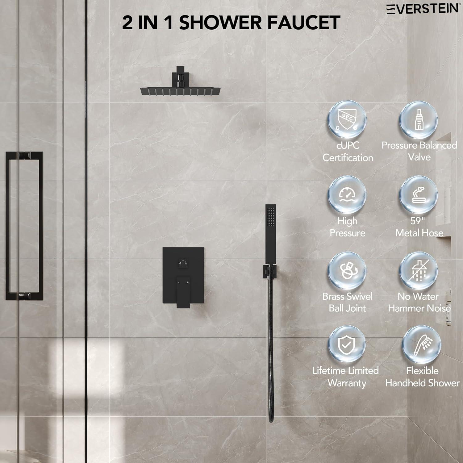 EVERSTEIN Shower Faucet Set 10 inch CUPC Shower System with Handheld Spray Wall Mounted Rain Shower Head Trim Kit with Upgraded Valve, Matte Black