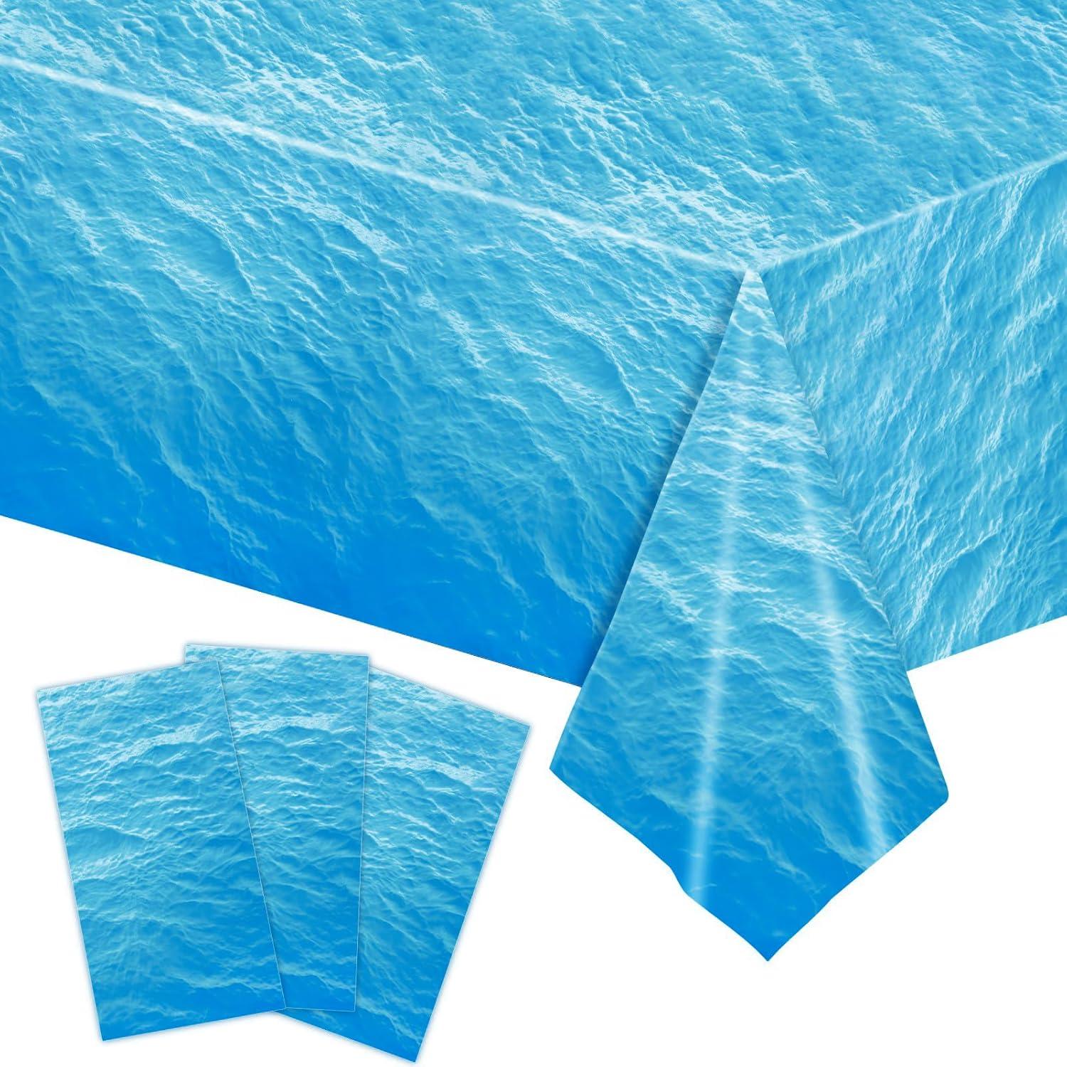3-Piece 54 x 108 Inch Ocean Wave Plastic Tablecloth - Realistic Water Design, Disposable Rectangle Table Cover for Dining, Picnic, Beach Party, Sea Theme, Pool Party, Summer Indoor Outdoor Decoration