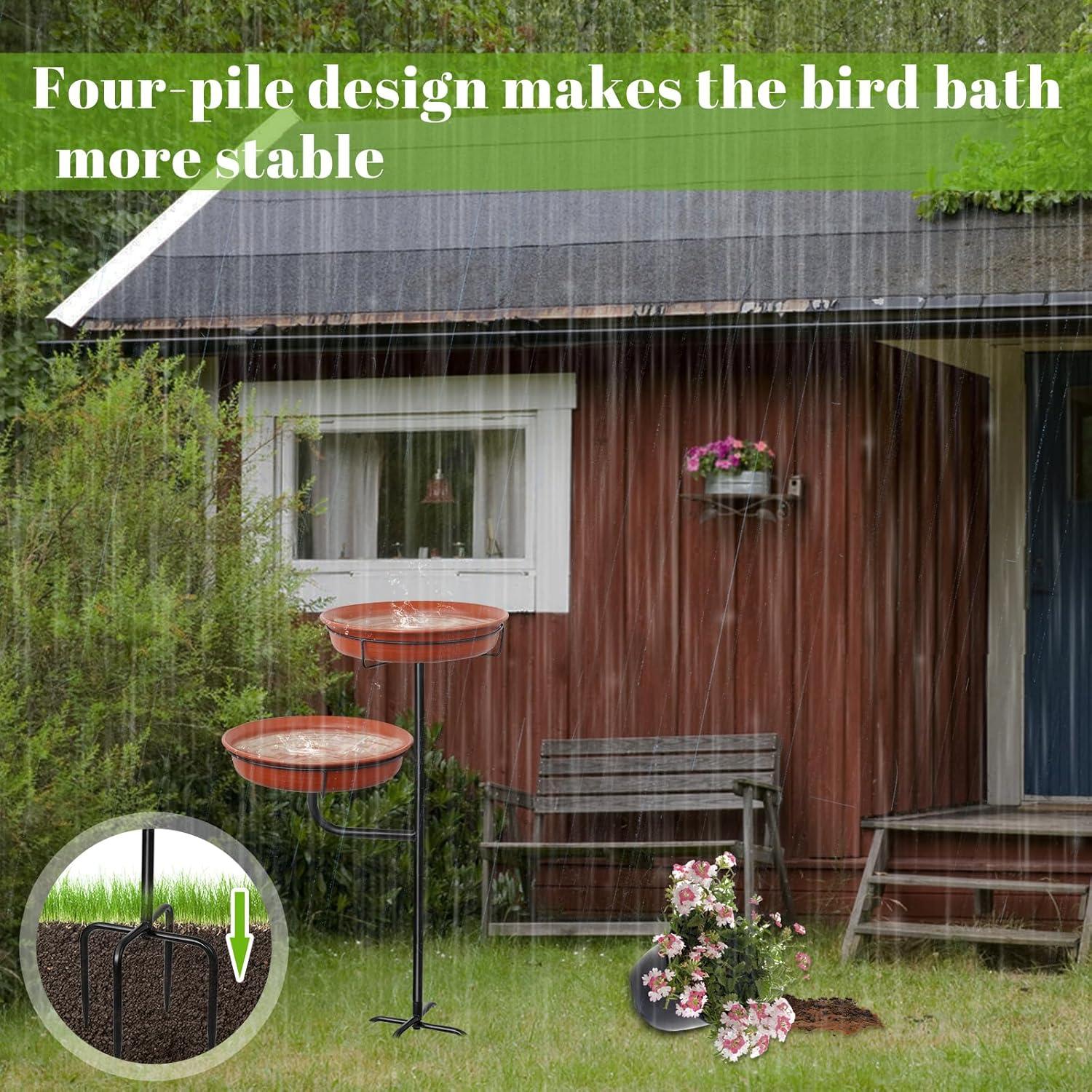 Freestanding Birdbaths Bowl Outdoor, Free Standing Garden Bird Bath Bird Feeder Bowl with Metal Stake, Detachable Decoration Spa Birdfeeder for Garden Patio Yard Lawn, 4 Spiky Feet (Brown)