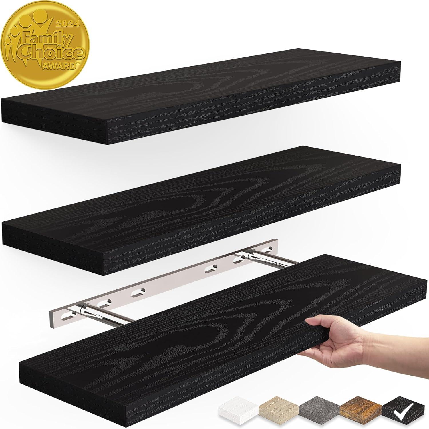 Black Engineered Wood Floating Wall Shelves Set of 3