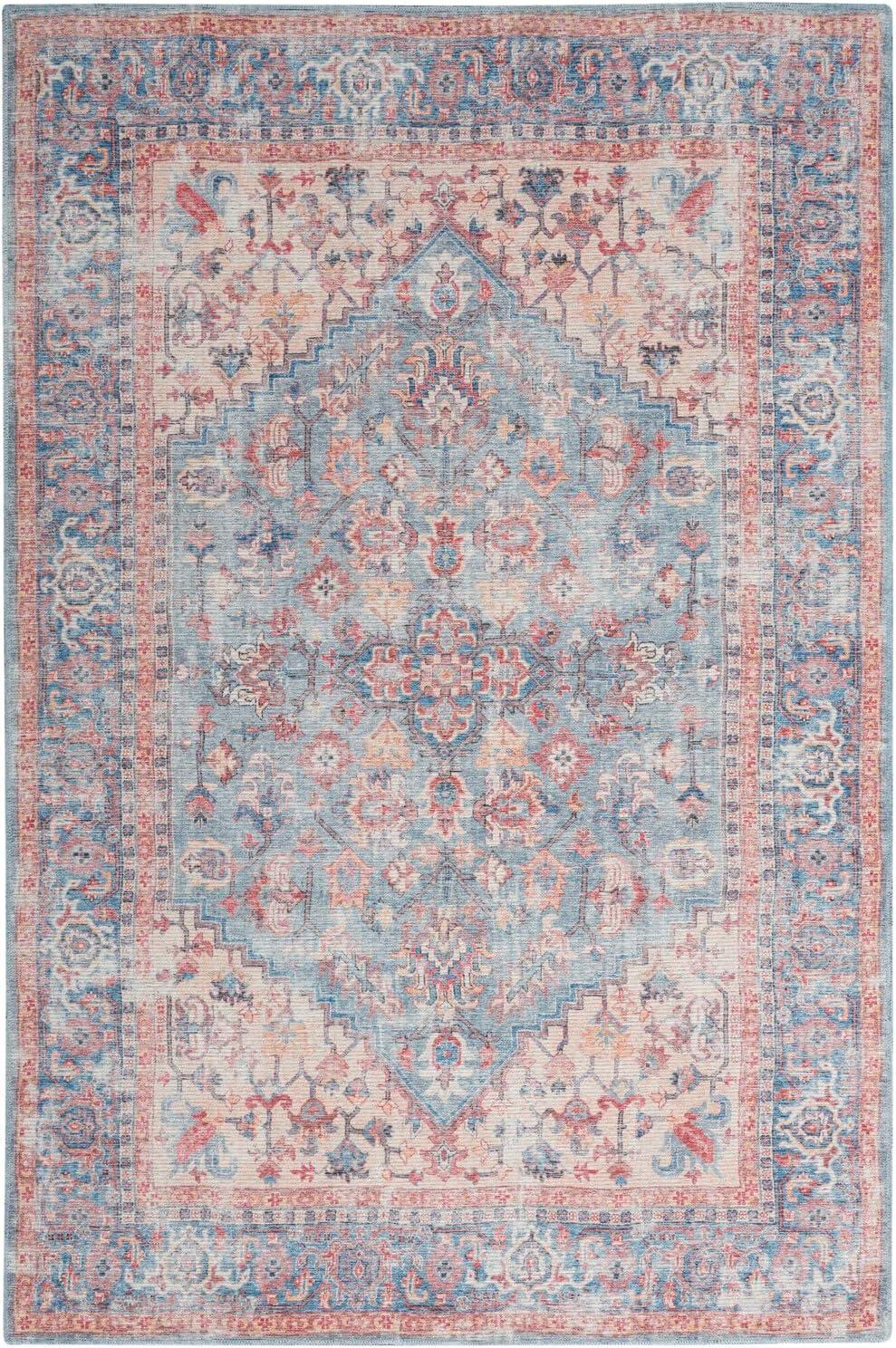 Vintage-Style Blue Floral Medallion Cotton Chenille Area Rug, 5'3" x 7'3"