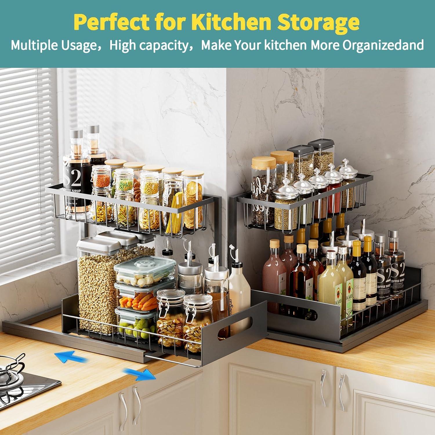 Rebrilliant Under Sink Organizer, 2 Tier Under Sink Organizers And Storage, Metal Slide Out Pull Out Cabinet Organizer ,2 Pack Sliding Drawer Organizer For Kitchen Bathroom Pantry