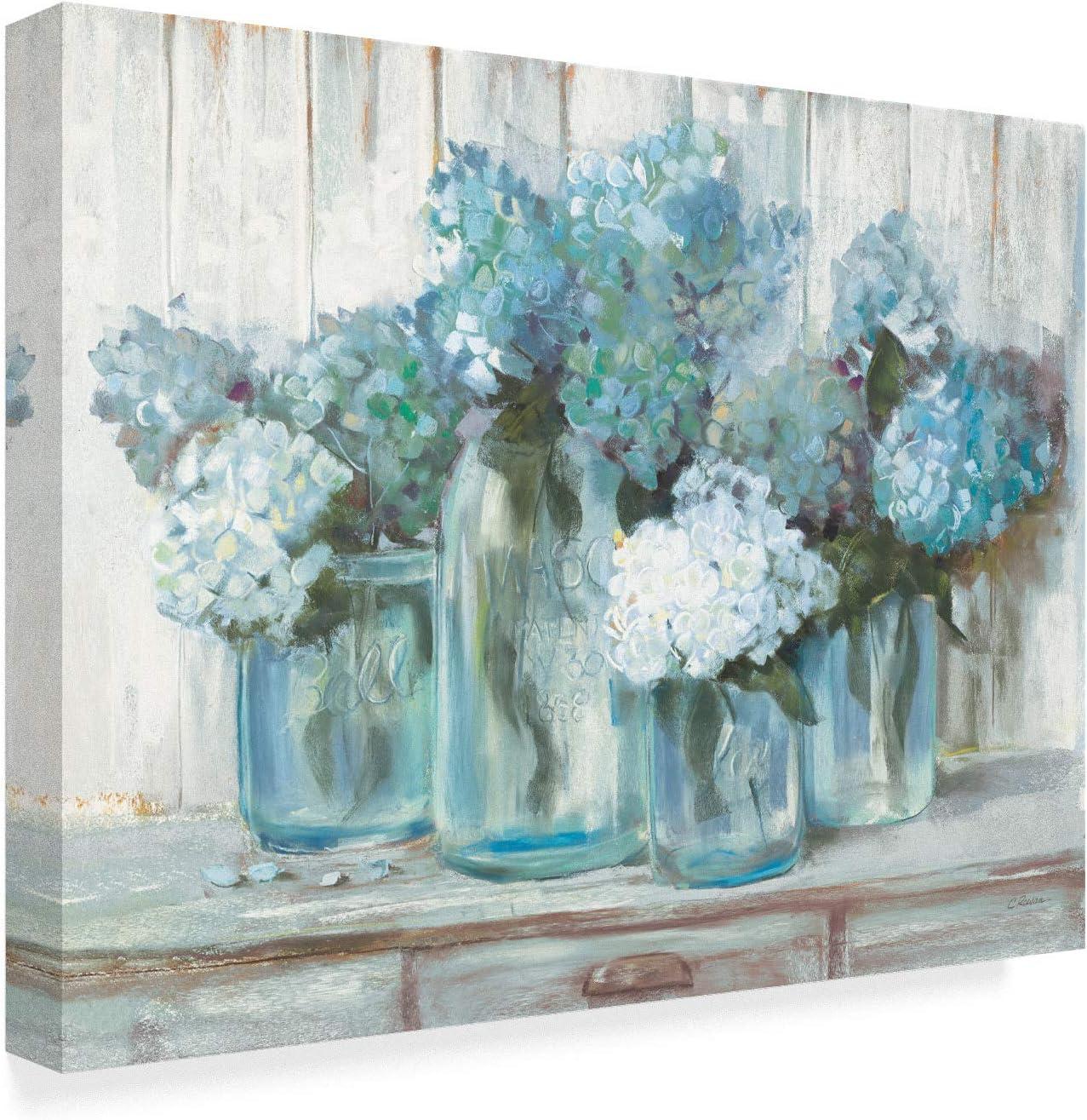 "Hydrangeas In Glass Jars Blue" Outdoor Canvas