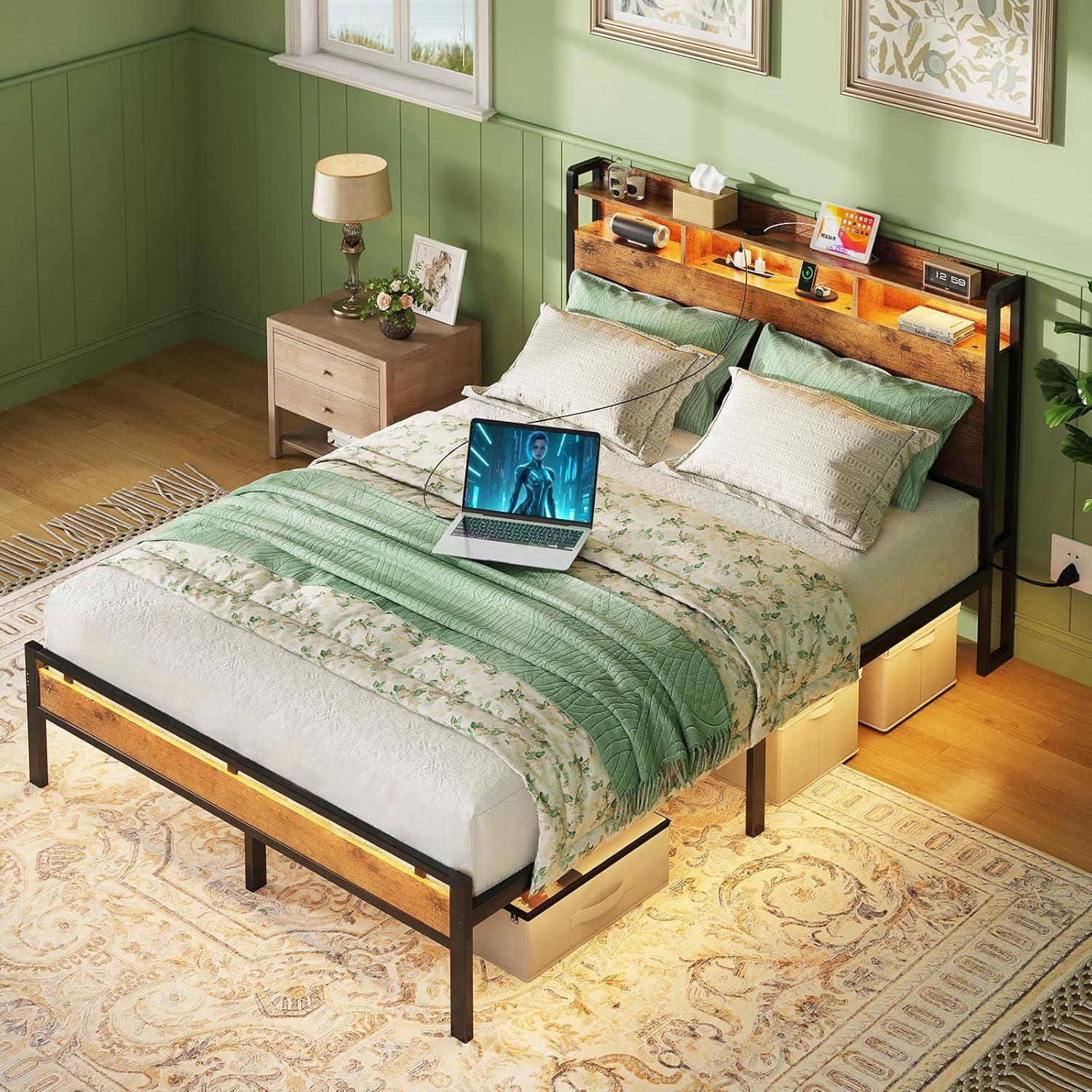 KKL Twin Bed Frames, Storage Headboard with Charging Station, RGB Light Strips, Solid and Stable, Noise Free, No Box Spring Needed, Easy Assembly, Rustic Brown