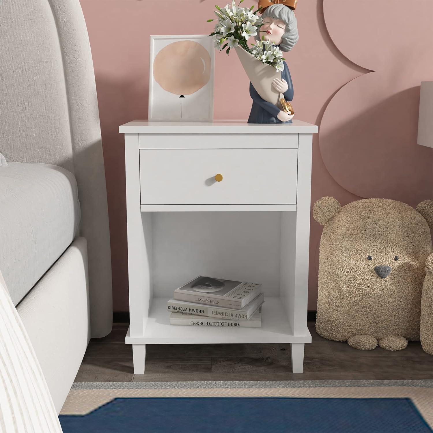 Wooden Nightstand with One Drawer One Shelf,Modern Bedside Tables for Kids,Adults,White