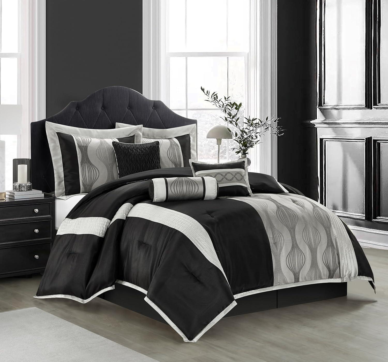 Lanco Black and Silver Comforter Set Queen Size, 7 Pieces Bedding & Collection, Jacquard All Season Comforter & Pillows, Ultra-Soft Microfiber