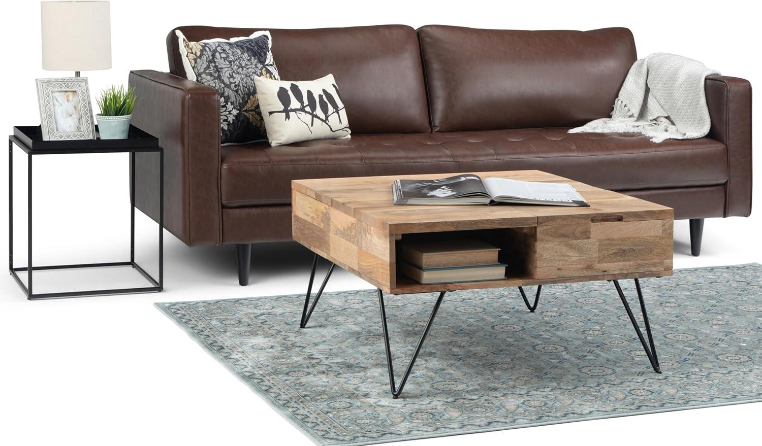 Simpli Home Hunter SOLID MANGO WOOD and Metal 32 inch Wide Square Industrial Lift Top Coffee Table in Natural