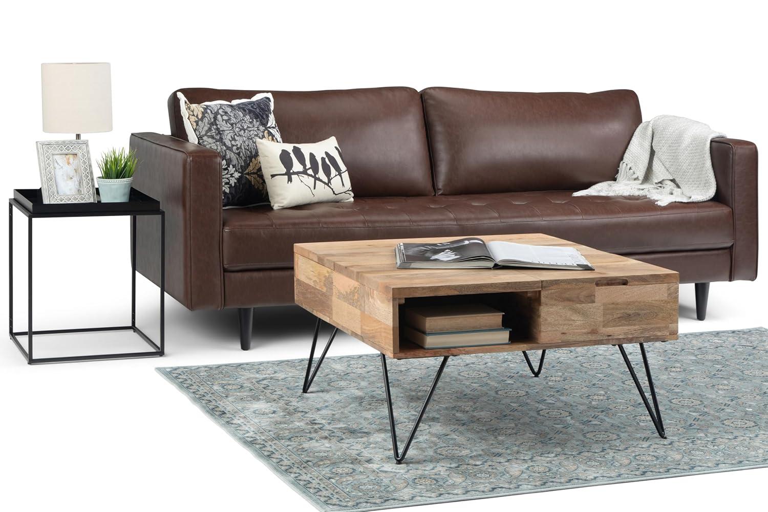 Simpli Home Hunter SOLID MANGO WOOD and Metal 32 inch Wide Square Industrial Lift Top Coffee Table in Natural