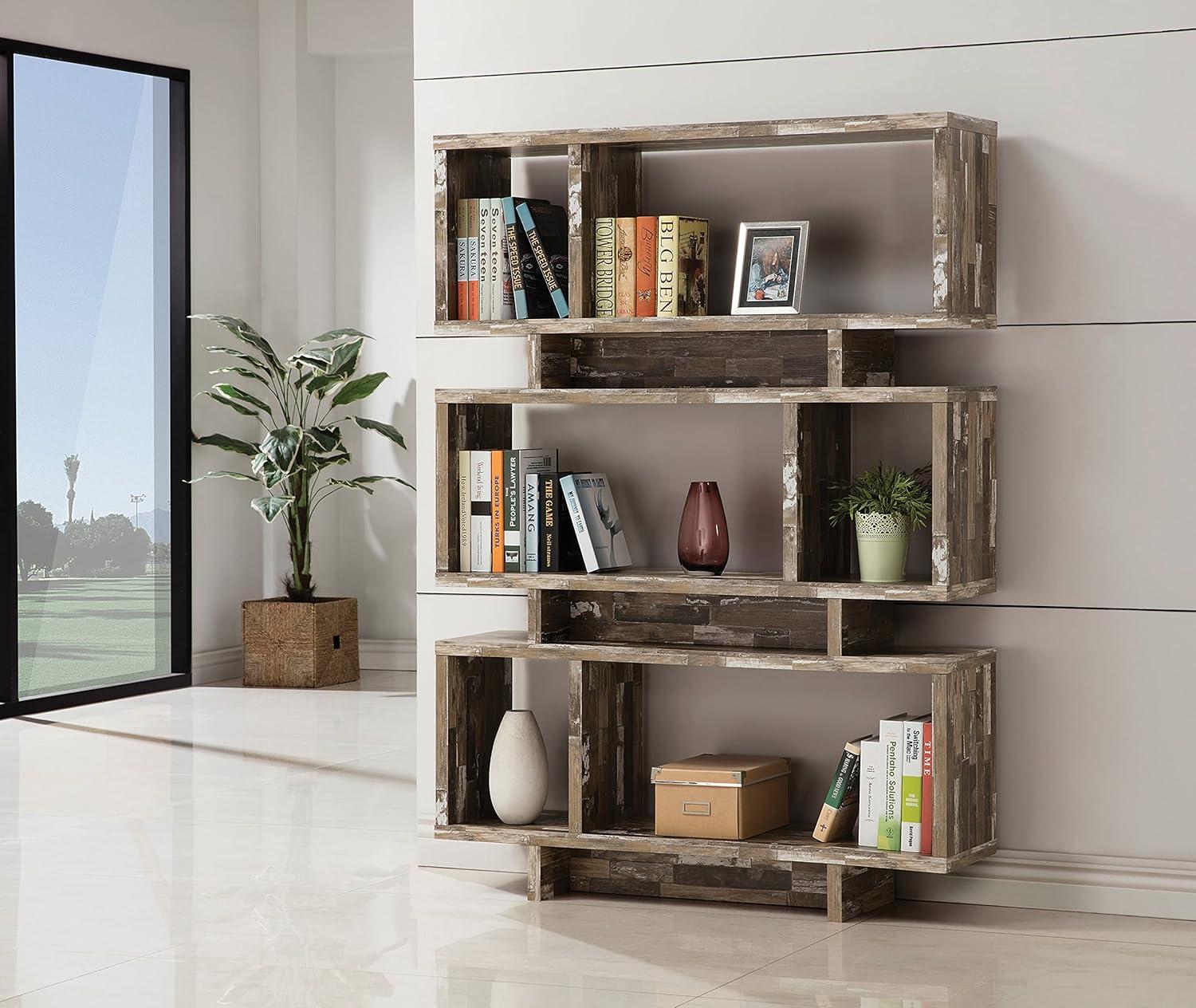 Contemporary Salvaged Wood 3-Tier Geometric Bookcase, Brown