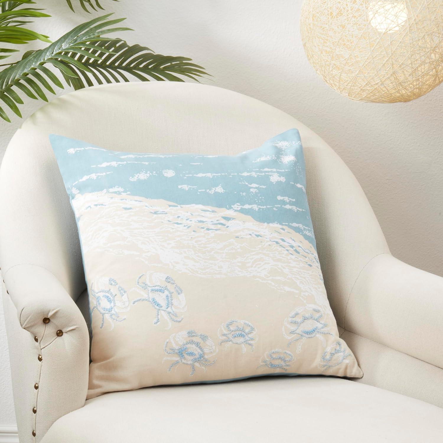 Blue and Beige Coastal Embroidered Square Throw Pillow 20"