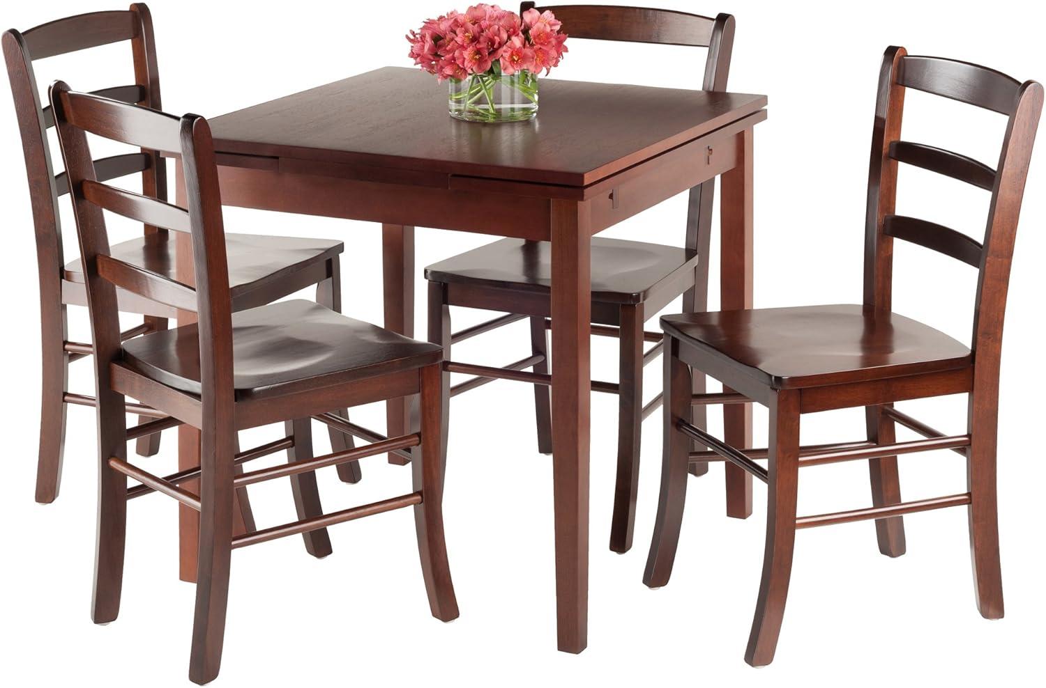 5pc Pulman Dining Set with Ladder Back Chairs Wood/Walnut - Winsome: Mid-Century Modern, Square Table, 4 Stools