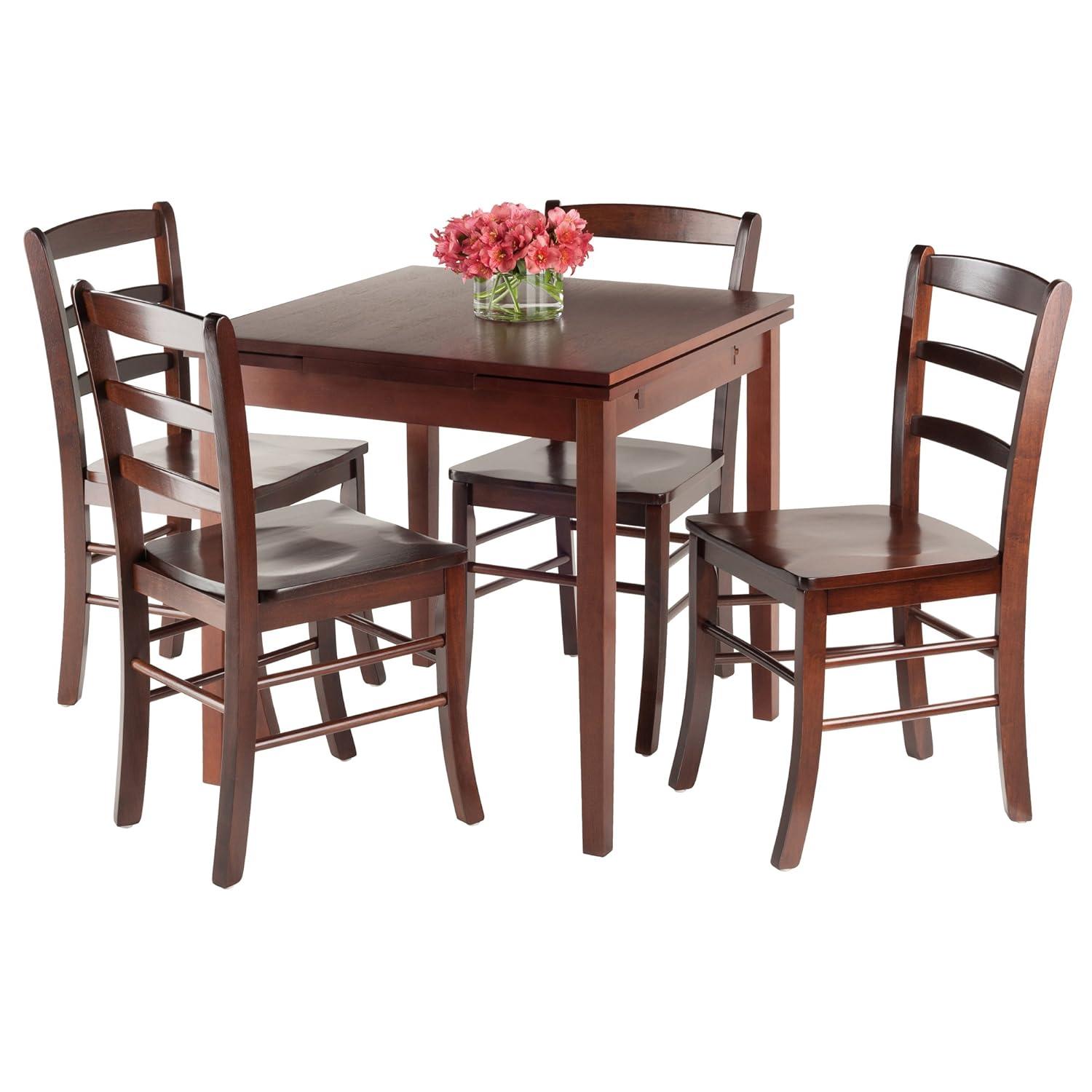 5pc Pulman Dining Set with Ladder Back Chairs Wood/Walnut - Winsome: Mid-Century Modern, Square Table, 4 Stools