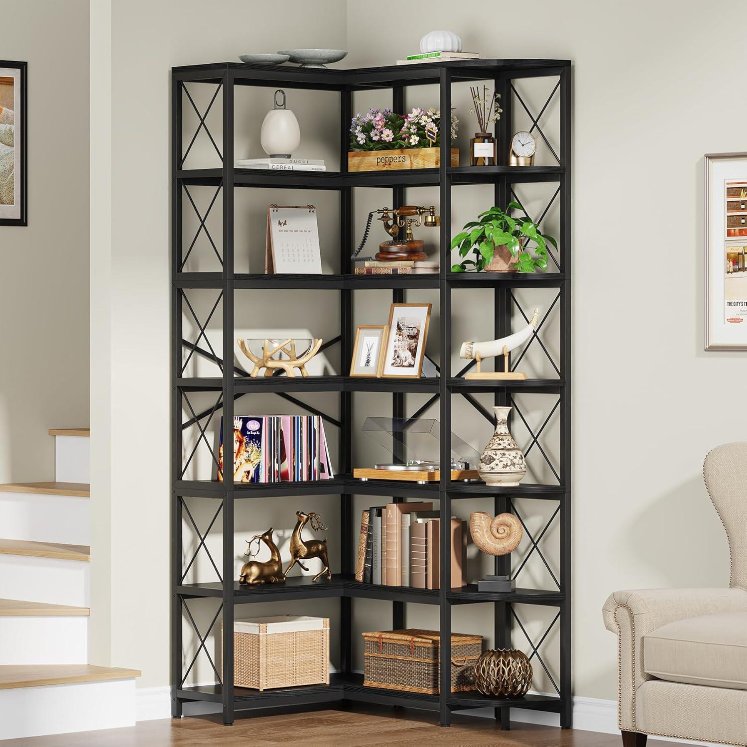 Black 7-Tier Adjustable Corner Bookshelf with Metal Frame