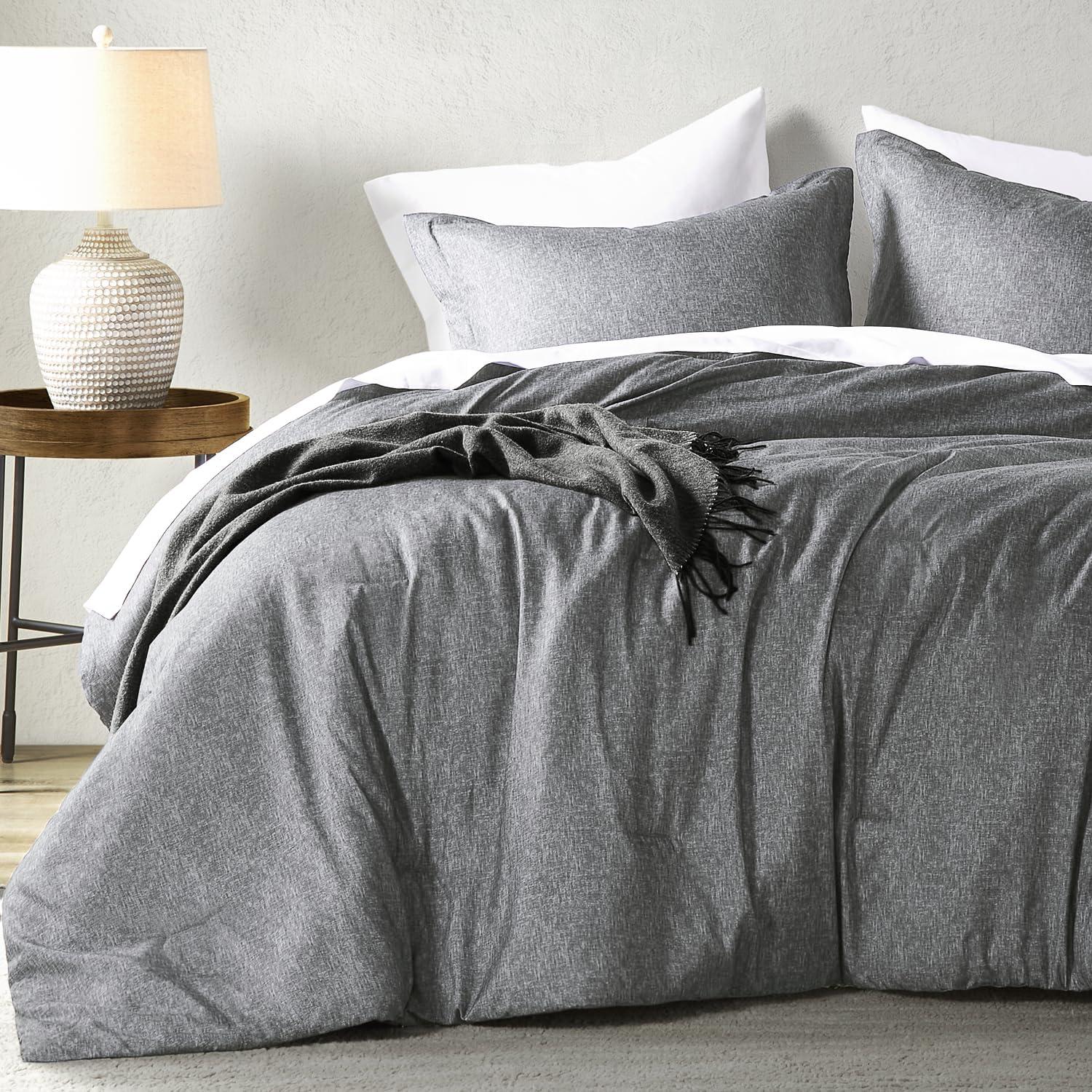 Lightweight Grey Comforter for Queen Size and Full Size Bed, Modern Chambray Bedding Set, Including 1 Comforter and 2 Pillow Shams