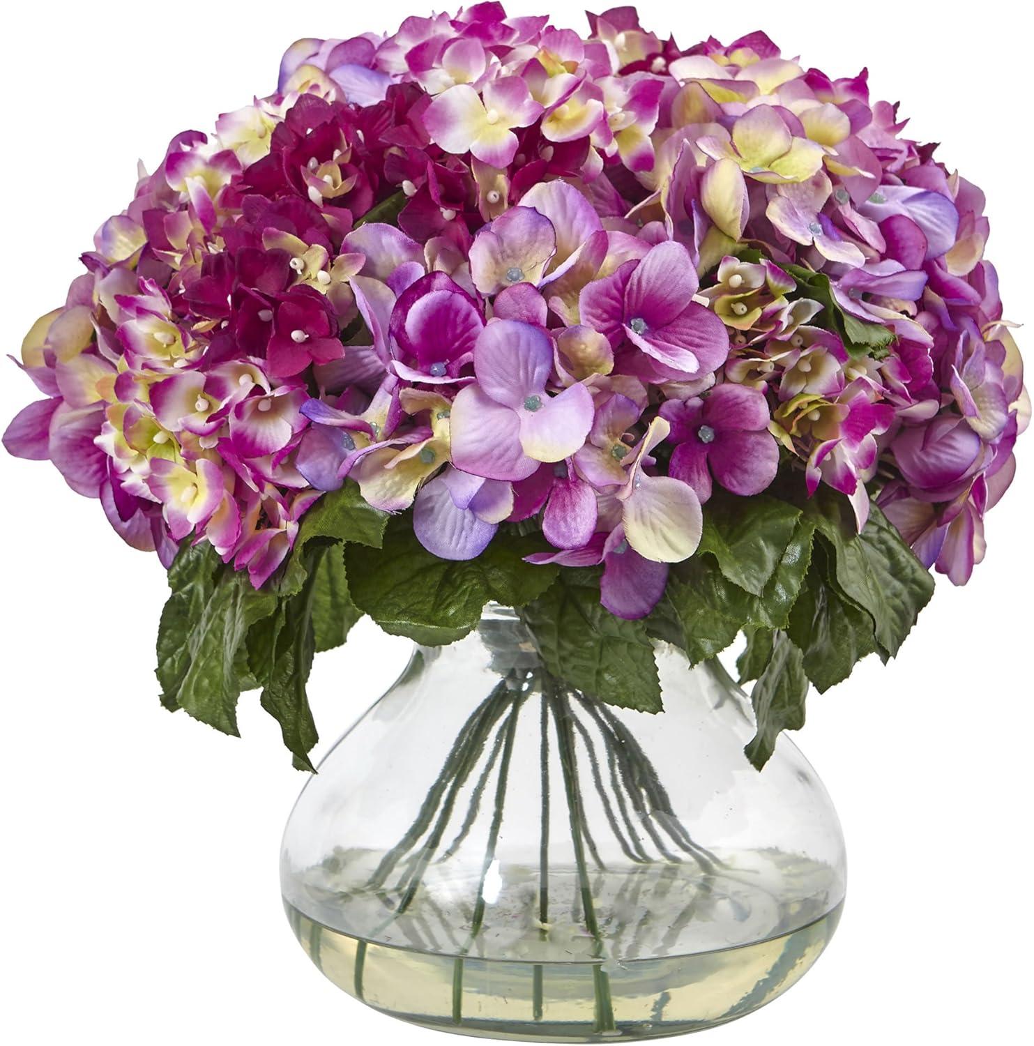 Lush Hydrangea and Fern 18" Outdoor Tabletop Arrangement in Glass Vase