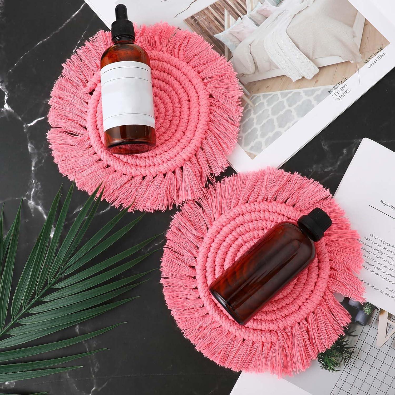 2 Posavasos Bohemios de Macramé para Bebidas, Posavasos Absorbentes con Borla, Posavasos Redondos de Algodón Hechos a Mano de 7 Pulgadas para Mesa de Escritorio, Cocina, Oficina, Hogar, Bar, Protección de Mesa, Regalo de Inauguración de la Casa, Rosa