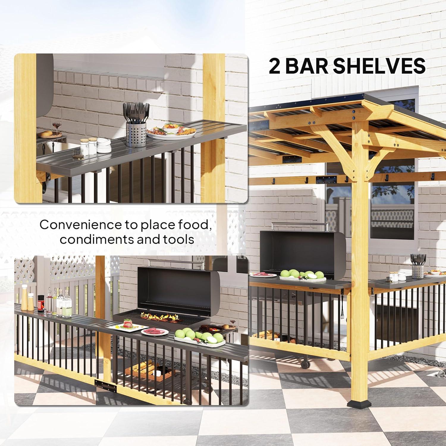 Outsunny 13' x 6' Wooden Grill Gazebo, Hardtop Outdoor BBQ Gazebo with with Metal Roof, 2 Bar Shelves and 6 Hooks for Patio, Deck, Yard, Natural