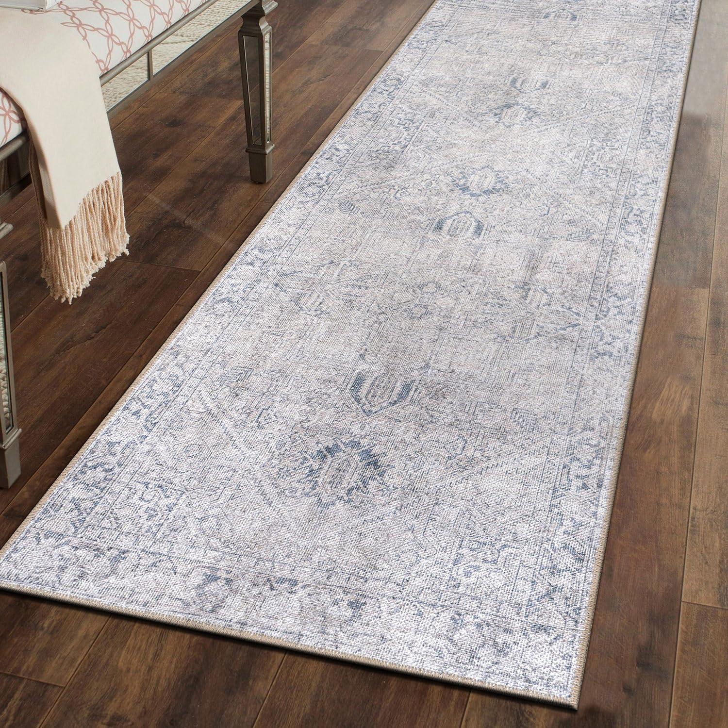 Blue Flat-Woven Medallion Machine-Washable Non-Slip Area Rug