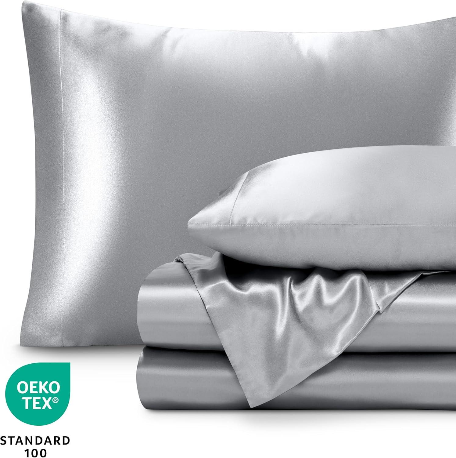 Bare Home Queen Poly Satin Sheet Set - Luxury Soft and Smooth Satin - for Hair and Skin - Breathable - Similar to Silk - Deep Pocket up to 15” - Bedding Sheet Set (Queen, Silver)