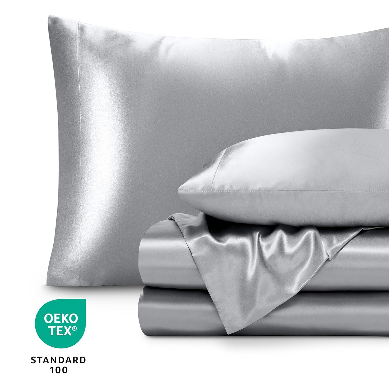 Bare Home Queen Poly Satin Sheet Set - Luxury Soft and Smooth Satin - for Hair and Skin - Breathable - Similar to Silk - Deep Pocket up to 15” - Bedding Sheet Set (Queen, Silver)