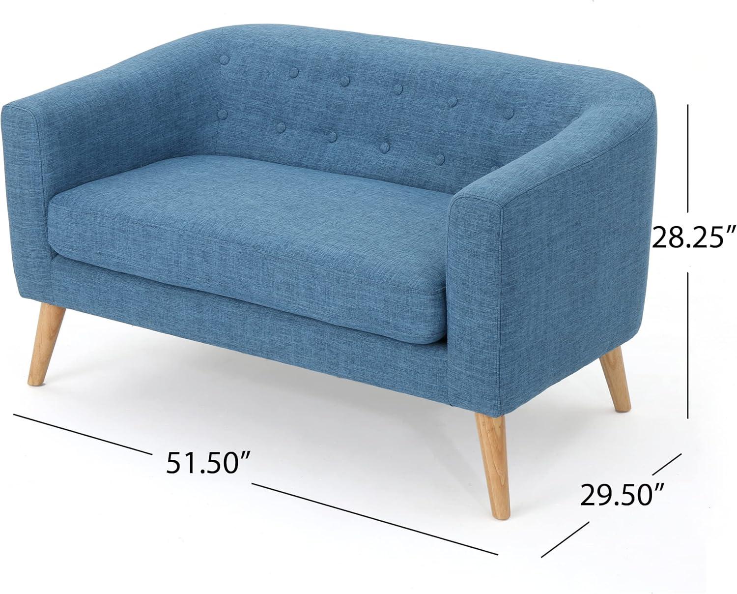 Muted Blue Tufted Fabric Loveseat with Rubberwood Legs