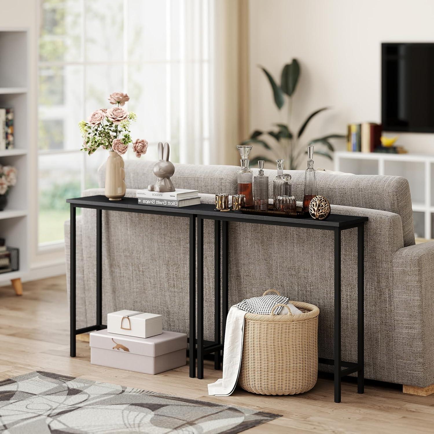 Greige and Black Narrow Console Table with Metal Frame