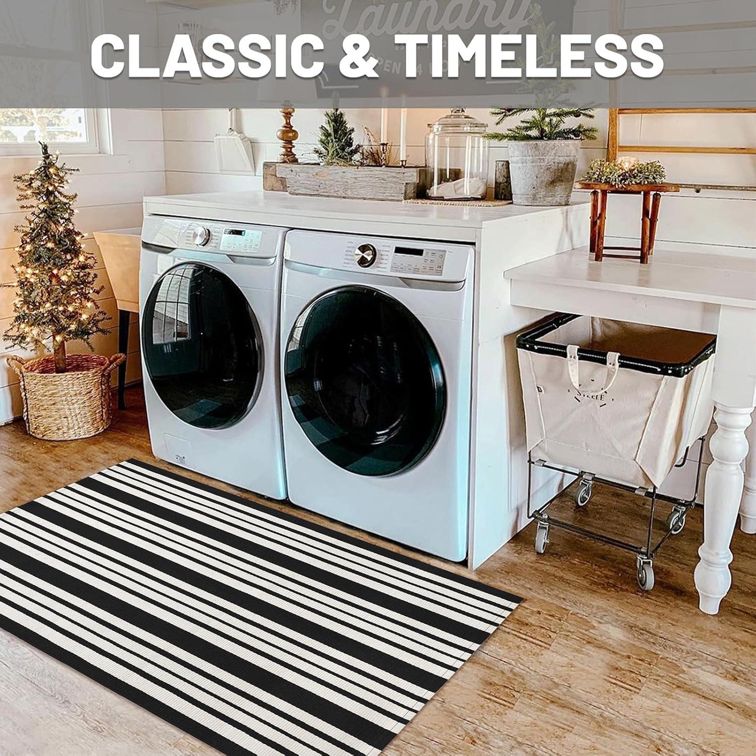 IOHOUZE Navy and White Striped Rug 2'x3' Front Door Rugs, Small Washable Area Rug for Front Porch, Spring Summer Doormats Outdoor Indoor, Cotton Rugs for Entryway Porch Entrance