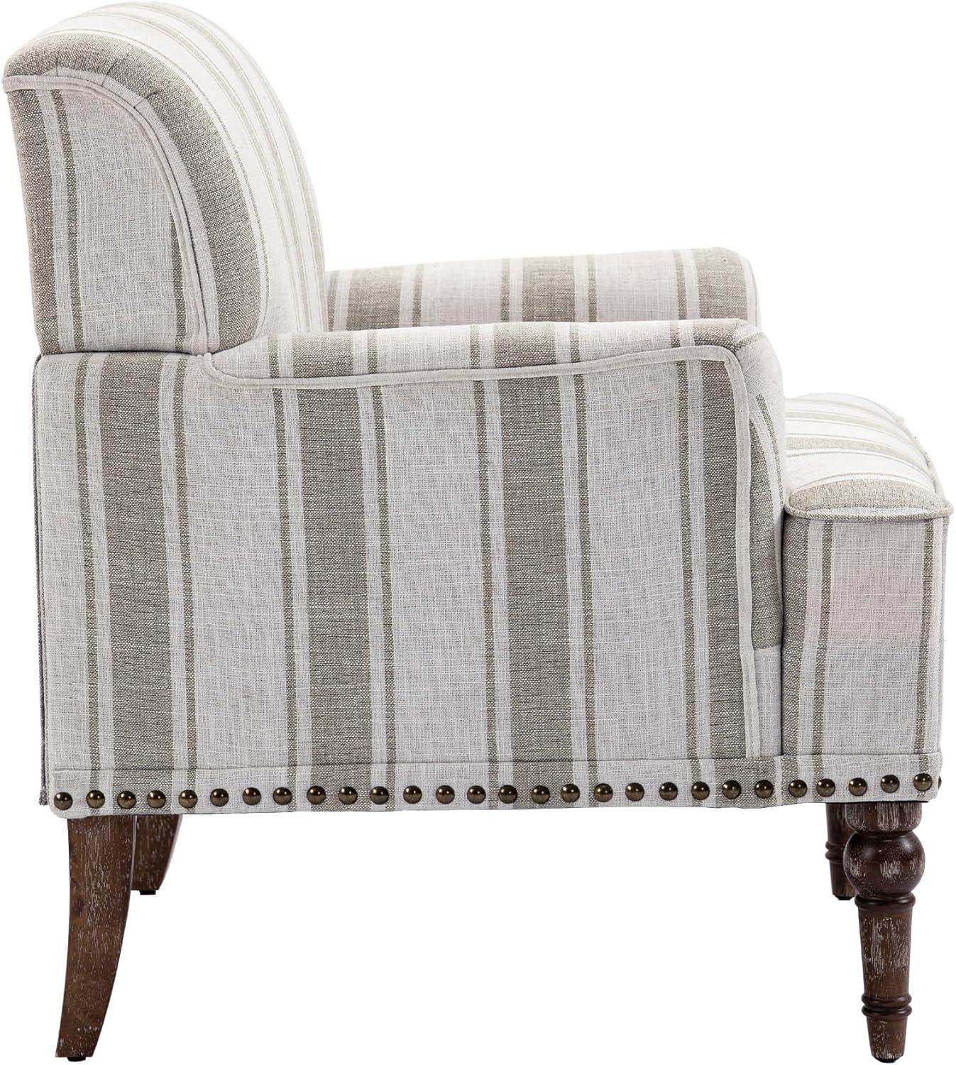 Brown Striped Linen Accent Chair with Wooden Legs