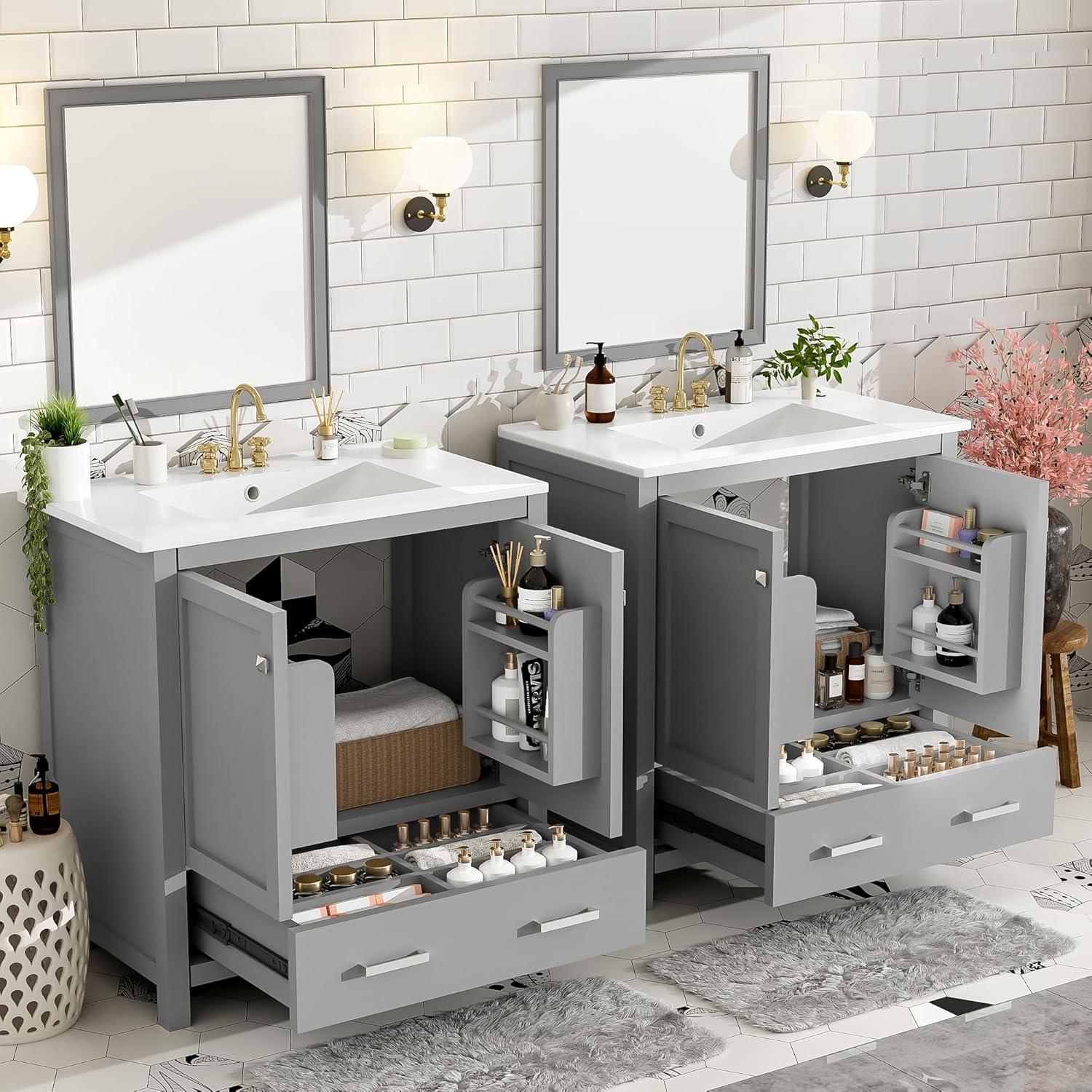 60" Bathroom Vanity Set,Double Vanities (Separate), Double Ceramic Sinks, Storage Shelf, and Divided Drawers (Mirror not Included)– Modern Bathroom Solution for Spacious Bathrooms,Grey