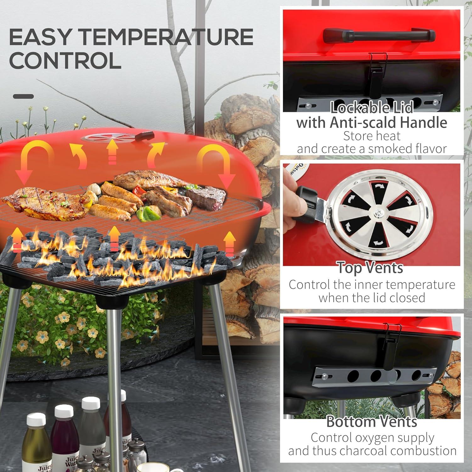 Outsunny 18" Portable Charcoal Grill with Wheels, Bottom Shelf and Adjustable Vents for Picnic, Camping, Backyard Cooking, Red