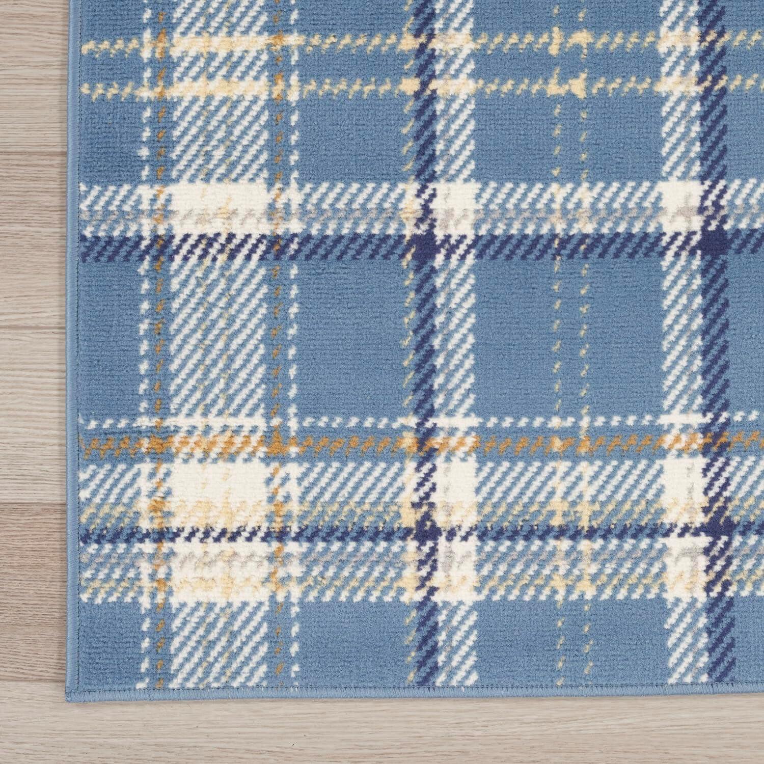 Blue Plaid 5' x 7' Hand-Knotted Synthetic Reversible Rug