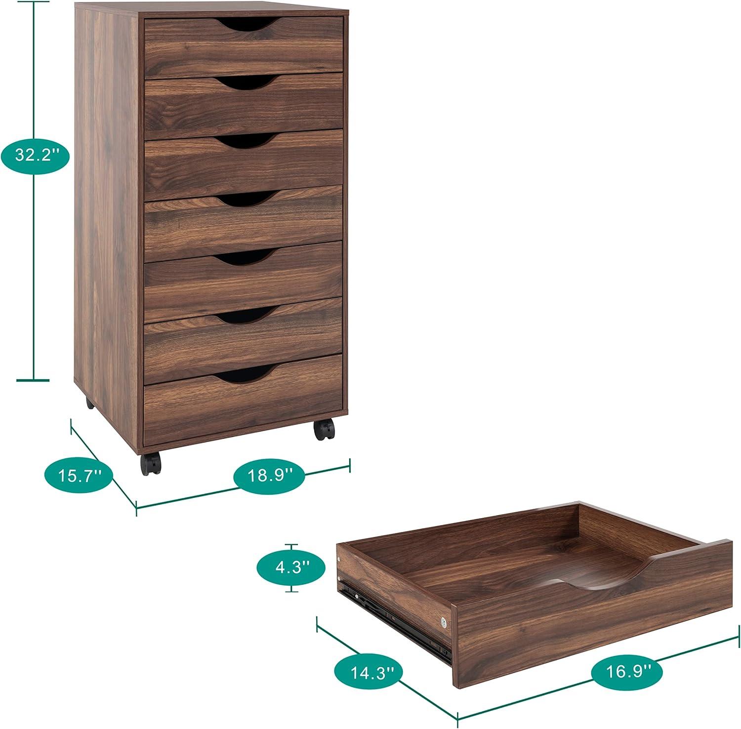 Brown Oak 7-Drawer Tall Dresser with Casters