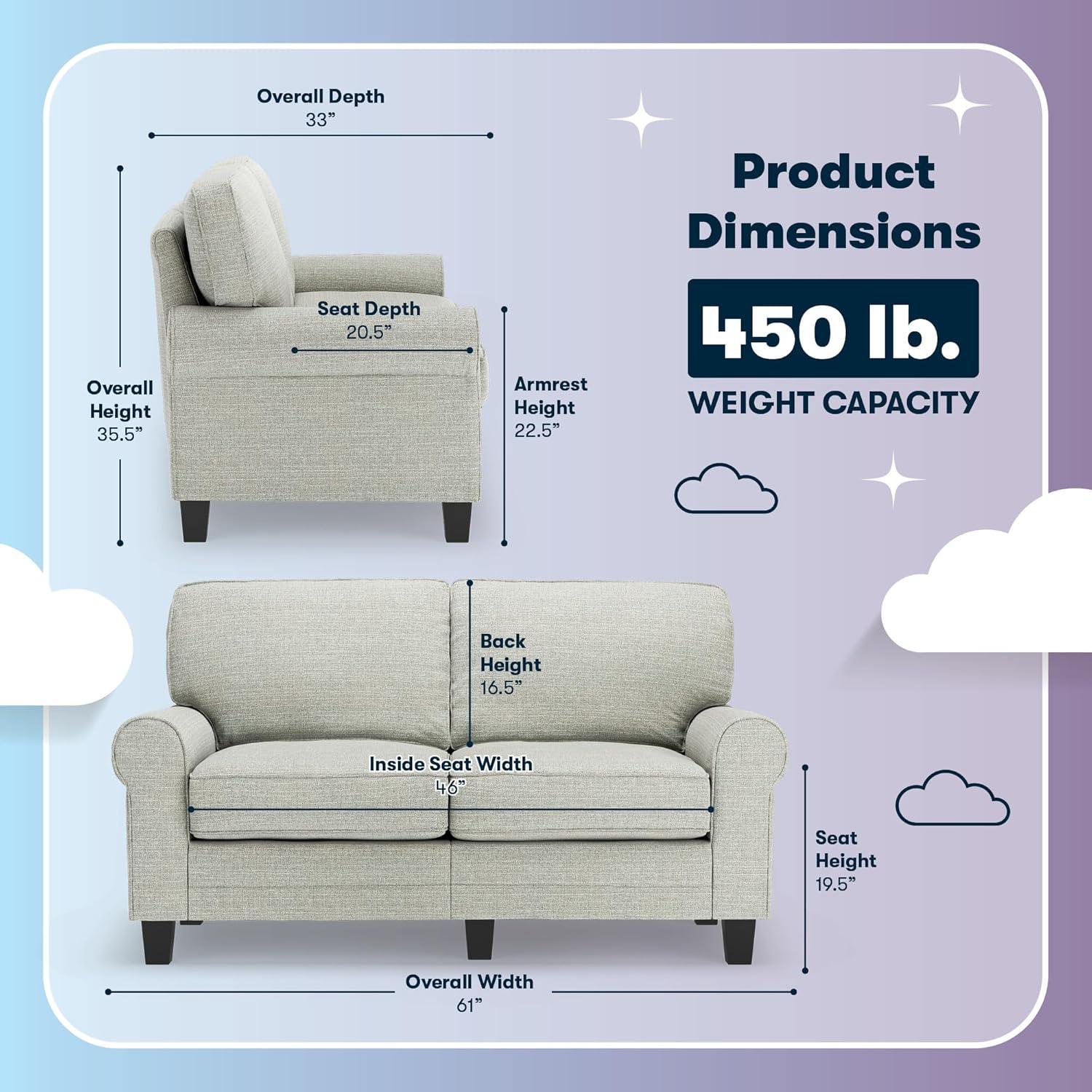 Serta Copenhagen 61" Rolled Arm Sofa, Easy Care Fabric, Soft Pillow Back, Pocket Coil Seat Cushions