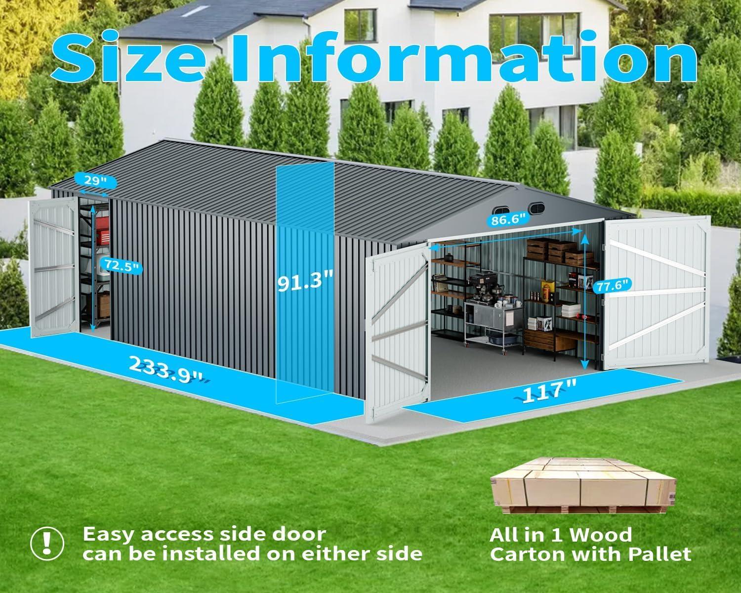 20 x 10 FT Outdoor Storage Shed, Large Metal Garden Shed with 2 Lockable Doors, Tool Shed Outdoor Storage with 4 Air Vents, Garage Shed Waterproof for Car, Truck, Bike, Garbage Can, Tool, Dark Gray