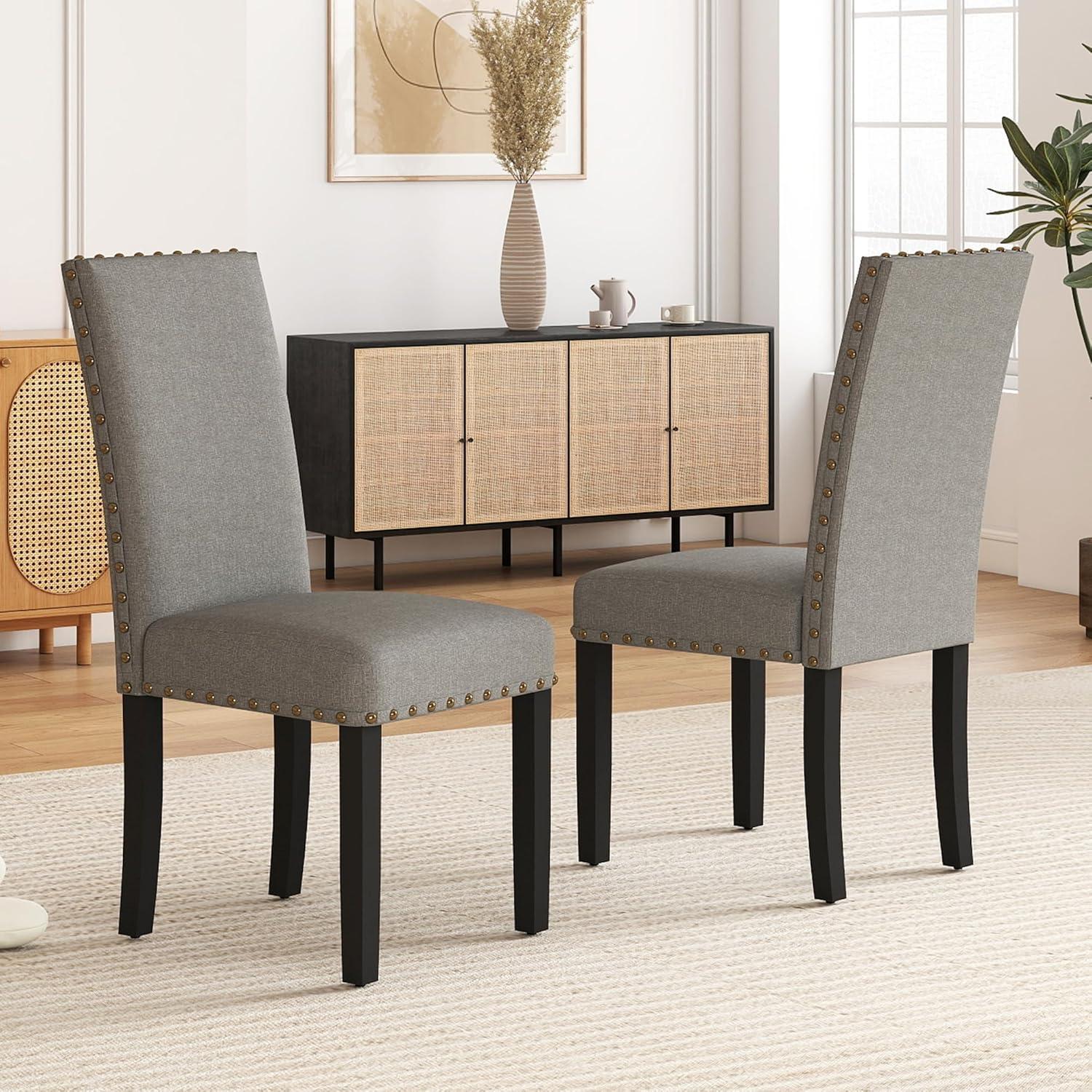 Upholstered Dining Chairs Set pf 2 Studded Parson Chairs with Nailheads and Sturdy Wooden Legs, Grey