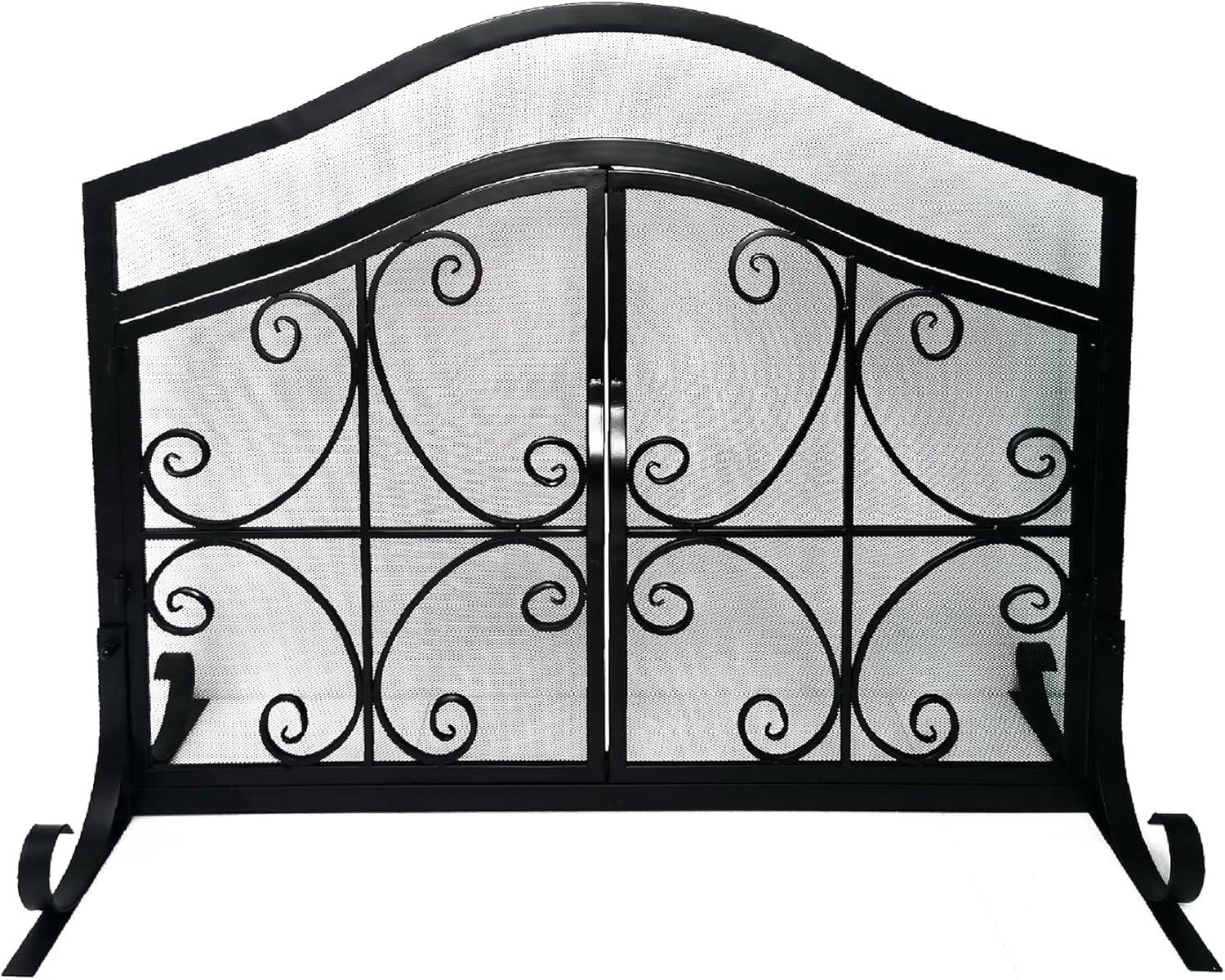 Black Iron 43" Mesh Scrollwork 2-Door Fireplace Screen