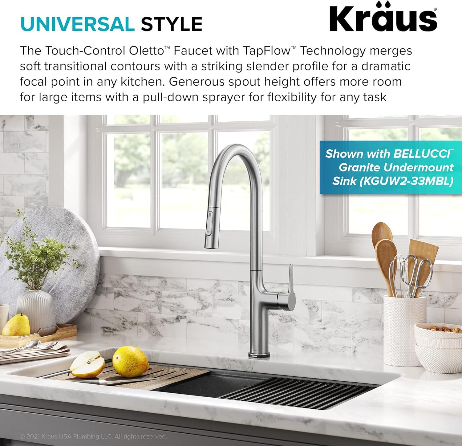 Kraus OlettoTall Modern Single-HandleTouch Kitchen Sink Faucet with Pull Down Sprayer in Spot Free Stainless Steel